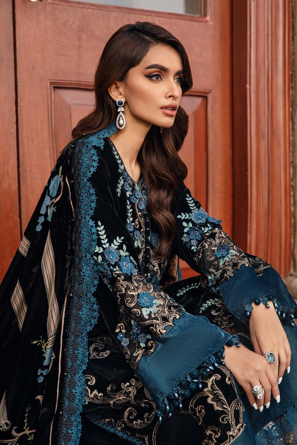 Maria.B. Winter Luxe 3 Piece Unstitched Embroidered Velvet Suit | DL-1208 - TC-1385