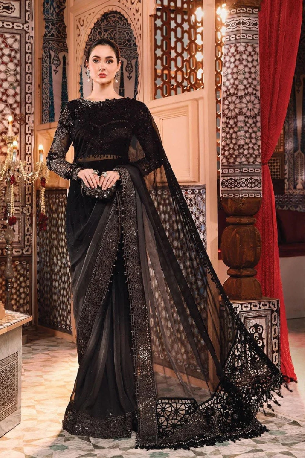 Maria.B Mbroidered Wedding Edition Grey and Black (BD-2504) Saree - TC-517