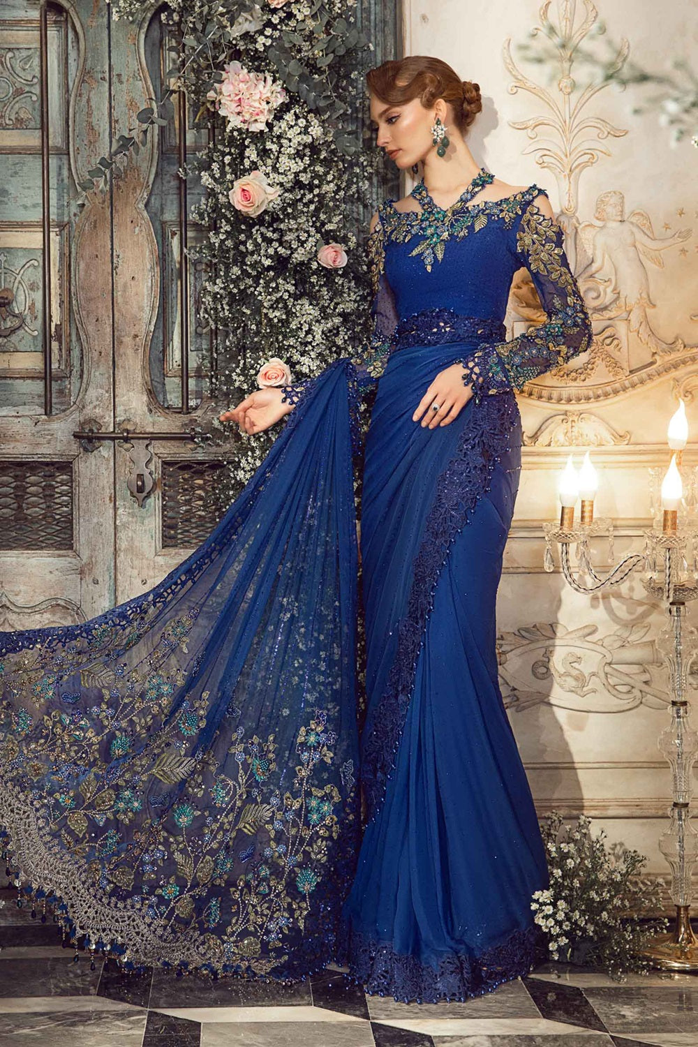 Maria.B. Mbroidered Eid Edition Chiffon Saree - Cobalt Blue BD-2704 - TC-1410