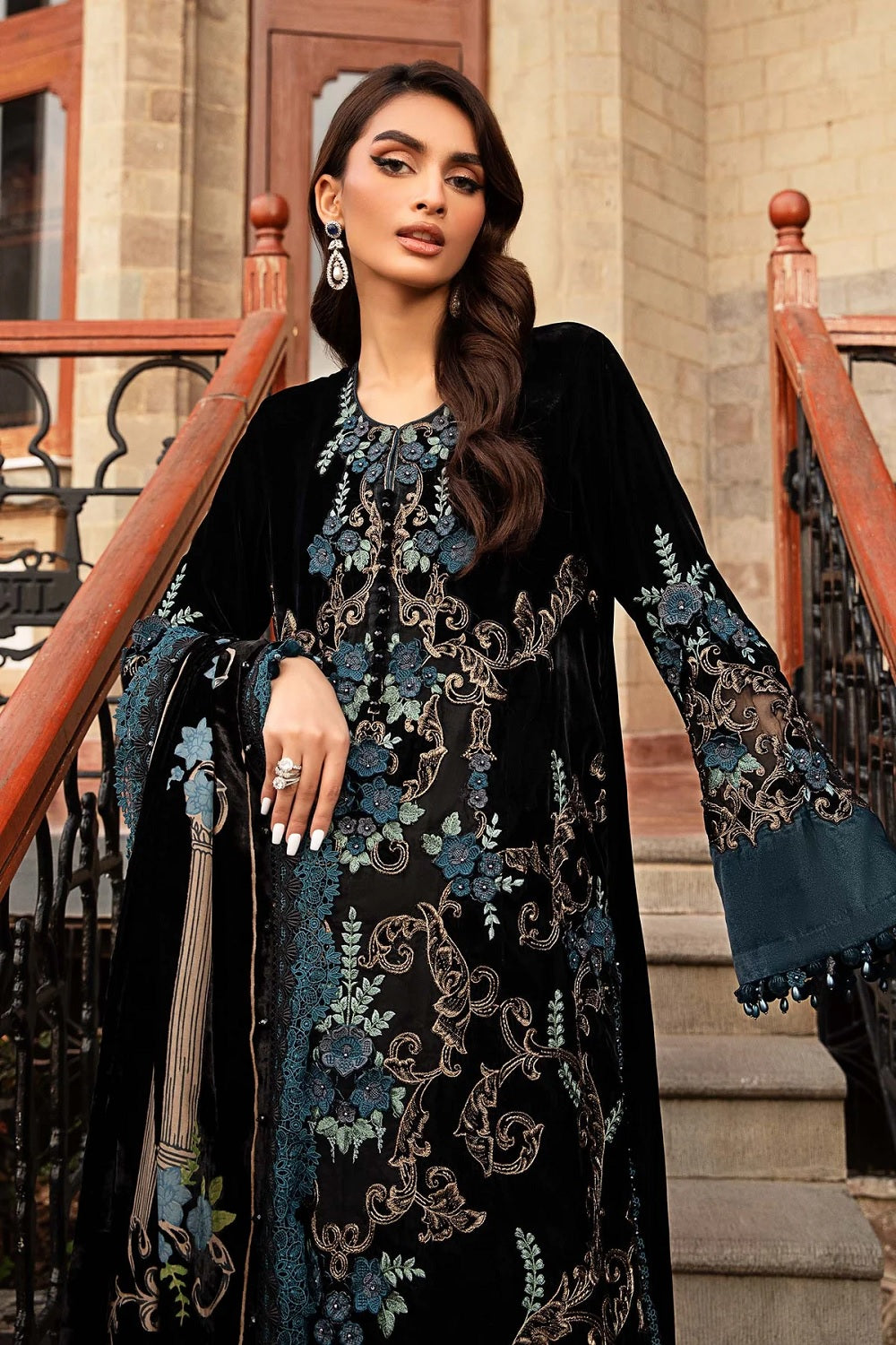 Maria.B. Winter Luxe 3 Piece Unstitched Embroidered Velvet Suit | DL-1208 - TC-1385