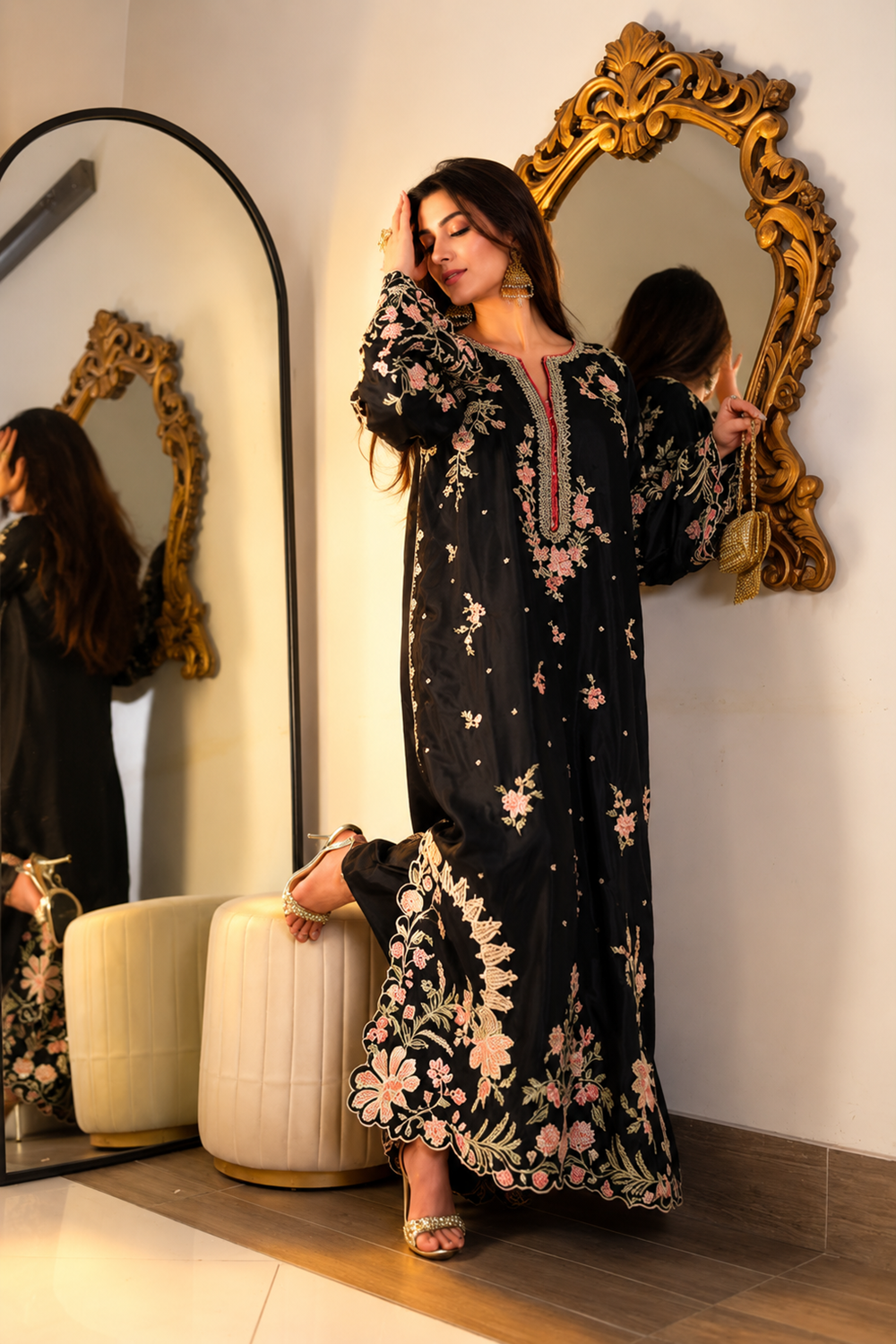 ETHNC Luxury Floral Embroidered Kaftan – Pure Viscose Raw Silk | Ready to Wear - TC-1764