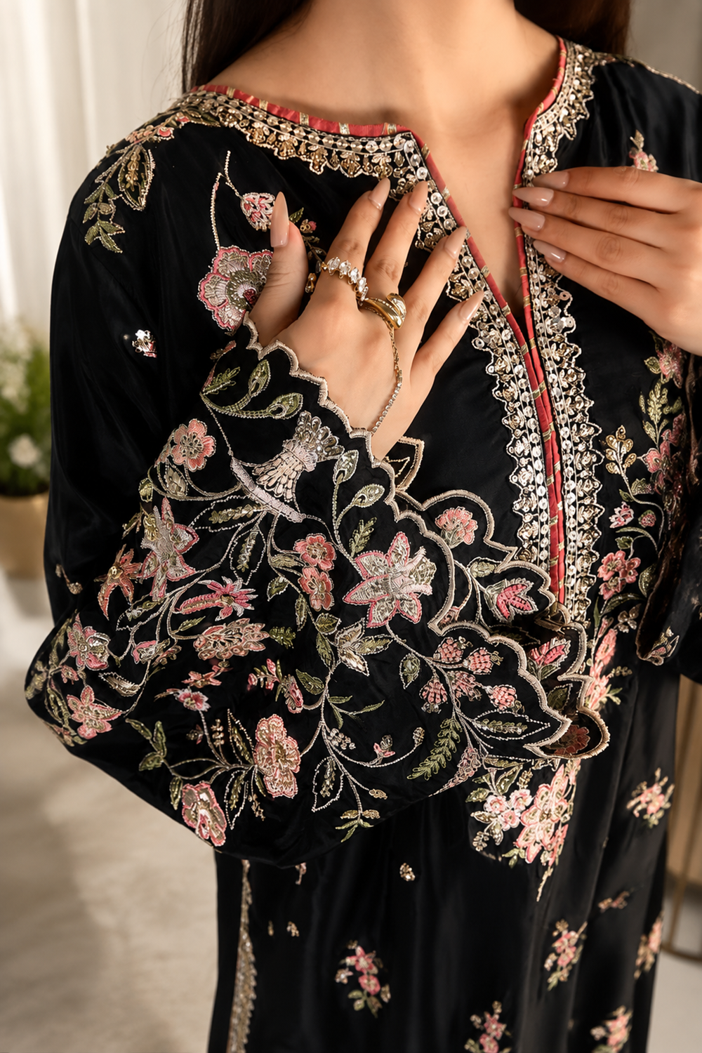 ETHNC Luxury Floral Embroidered Kaftan – Pure Viscose Raw Silk | Ready to Wear - TC-1764