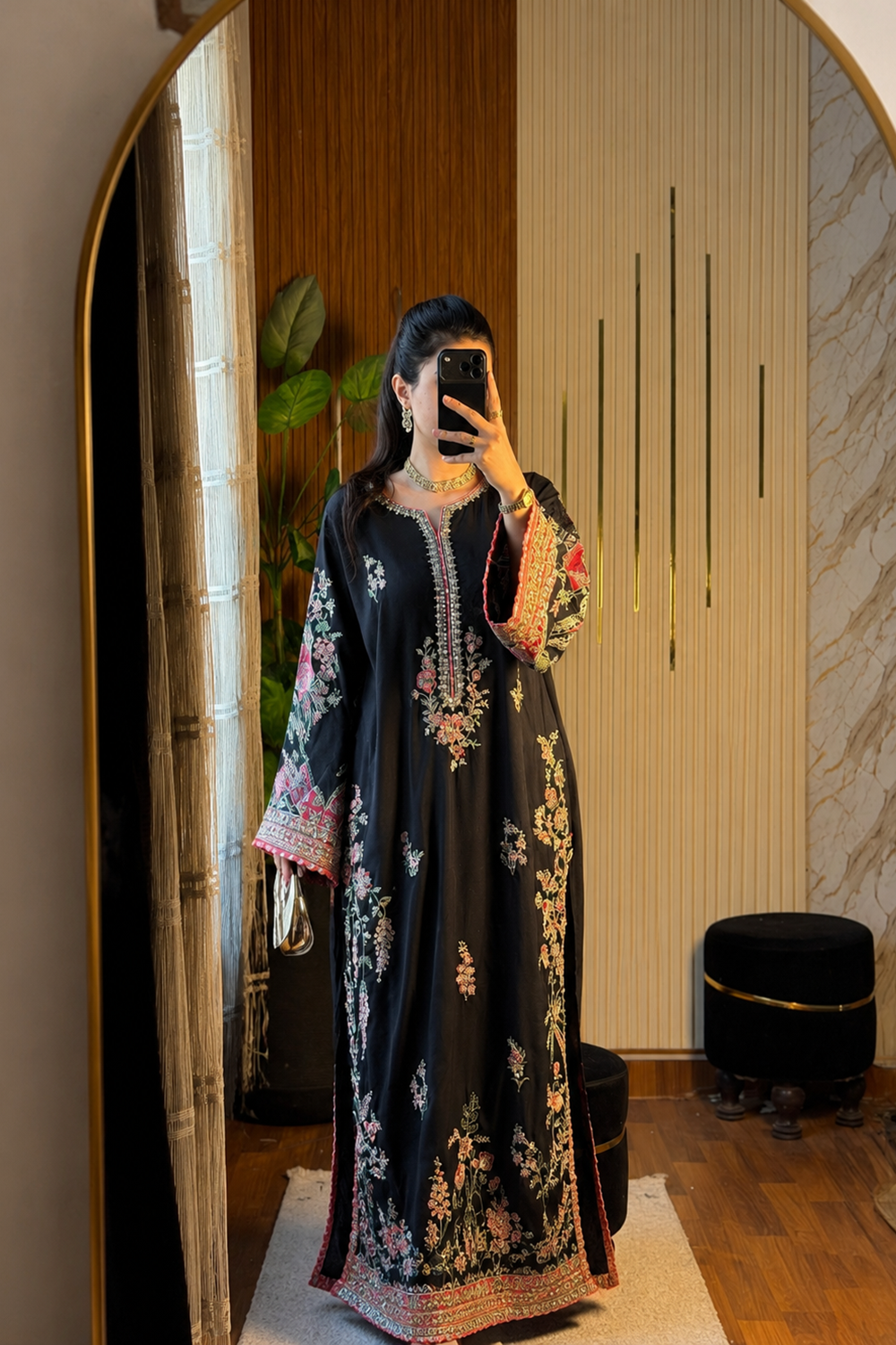 ETHNC Luxury Floral Embroidered Kaftan – Pure Viscose Raw Silk | Ready to Wear - TC-1794
