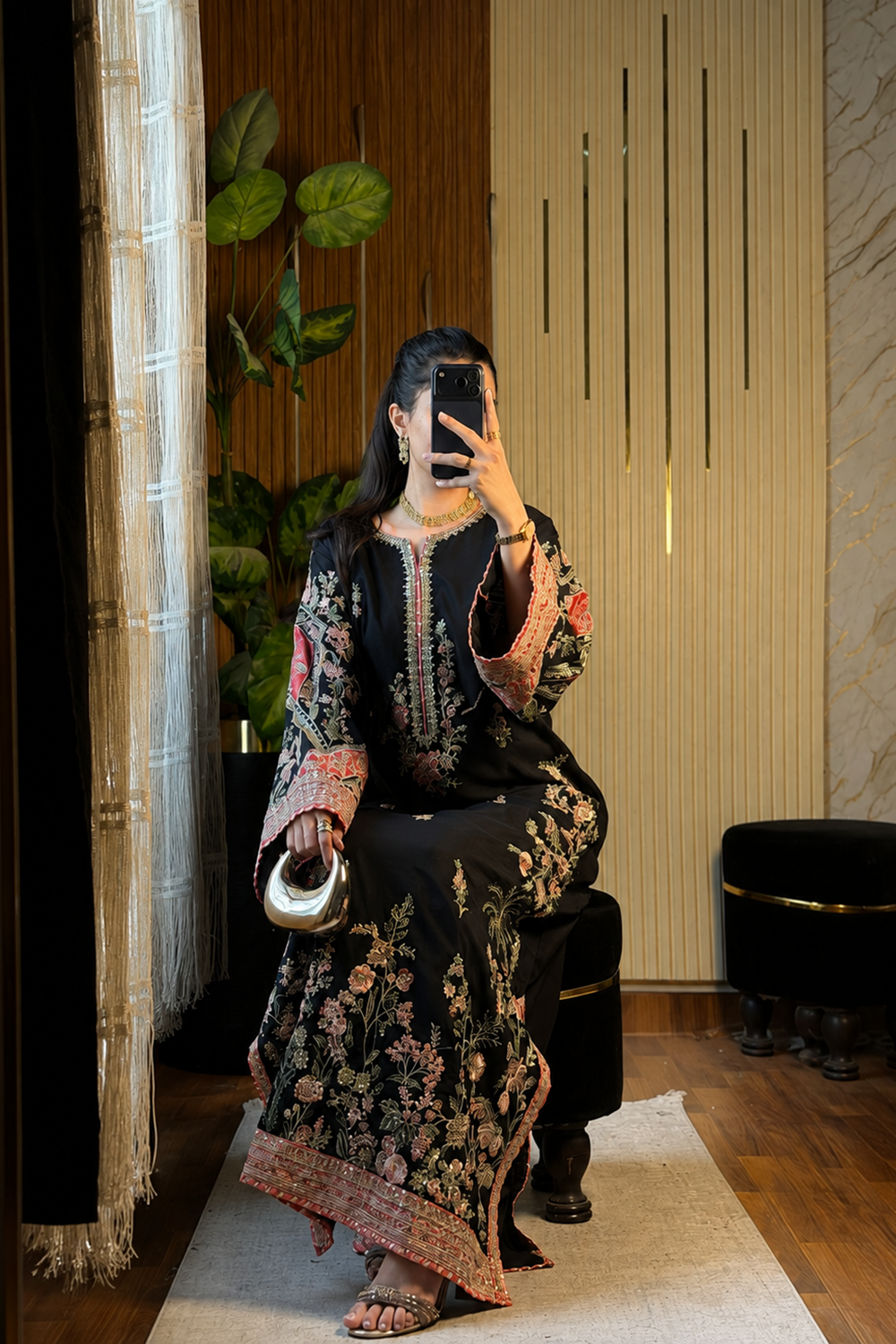 ETHNC Luxury Floral Embroidered Kaftan – Pure Viscose Raw Silk | Ready to Wear - TC-1794
