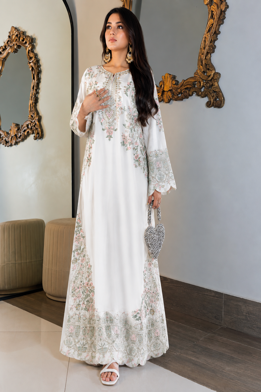 Luxury Floral Embroidered Kaftan – Pure Viscose Raw Silk | Ready to Wear - TC-1762