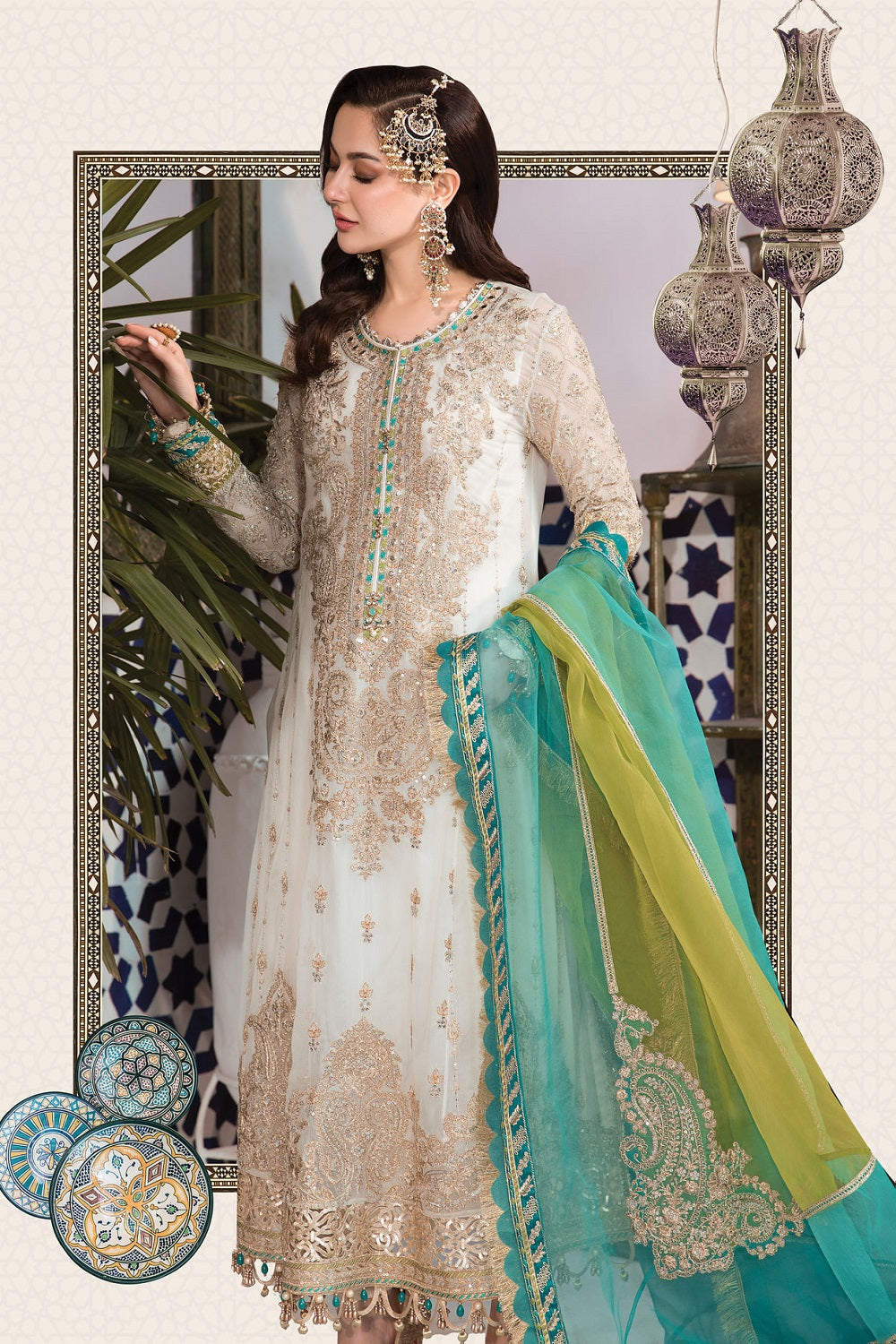 MARIA.B. Chiffon Wedding MPC-21-107- White and Ferozi - Design # 7 - TC-457