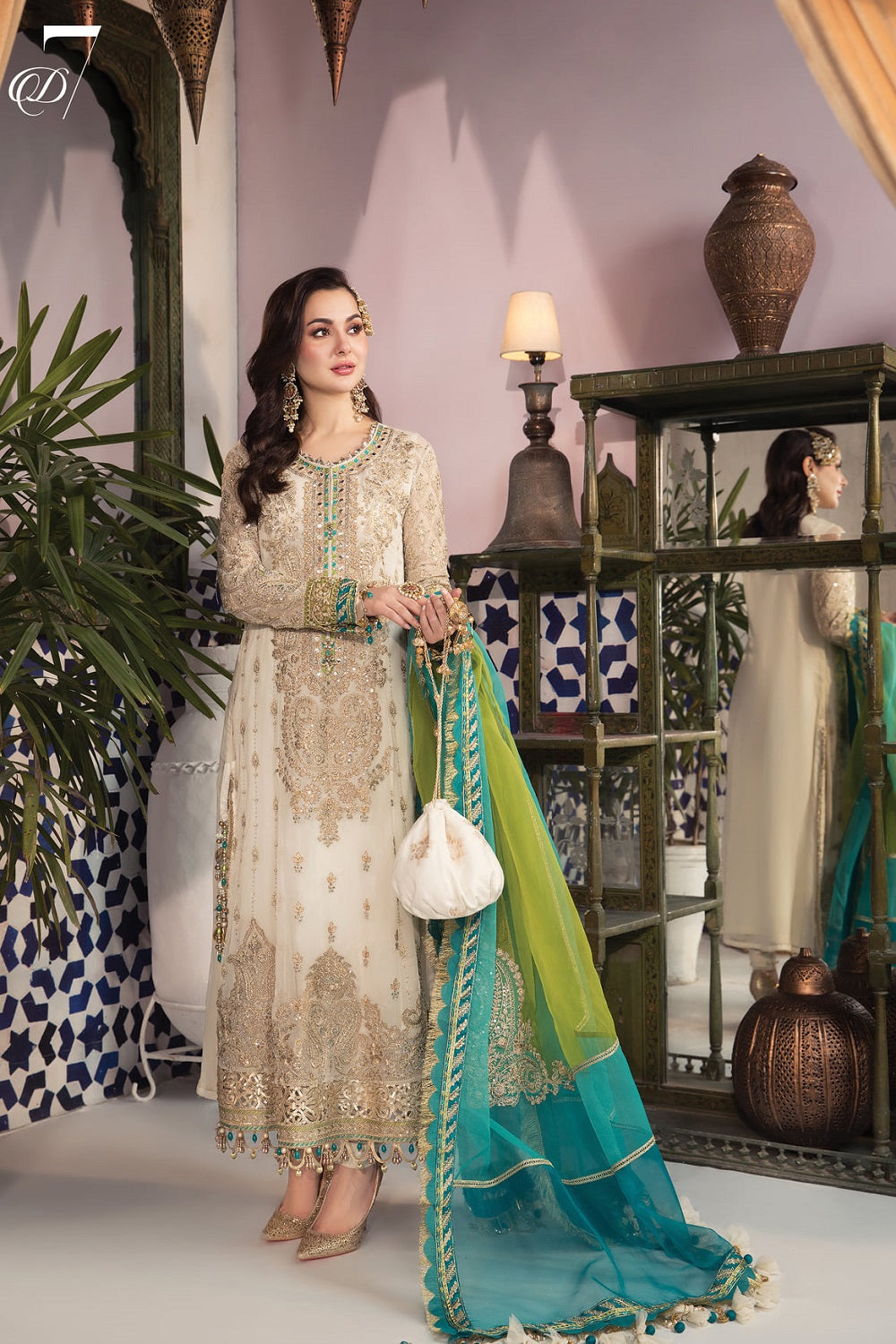 MARIA.B. Chiffon Wedding MPC-21-107- White and Ferozi - Design # 7 - TC-457