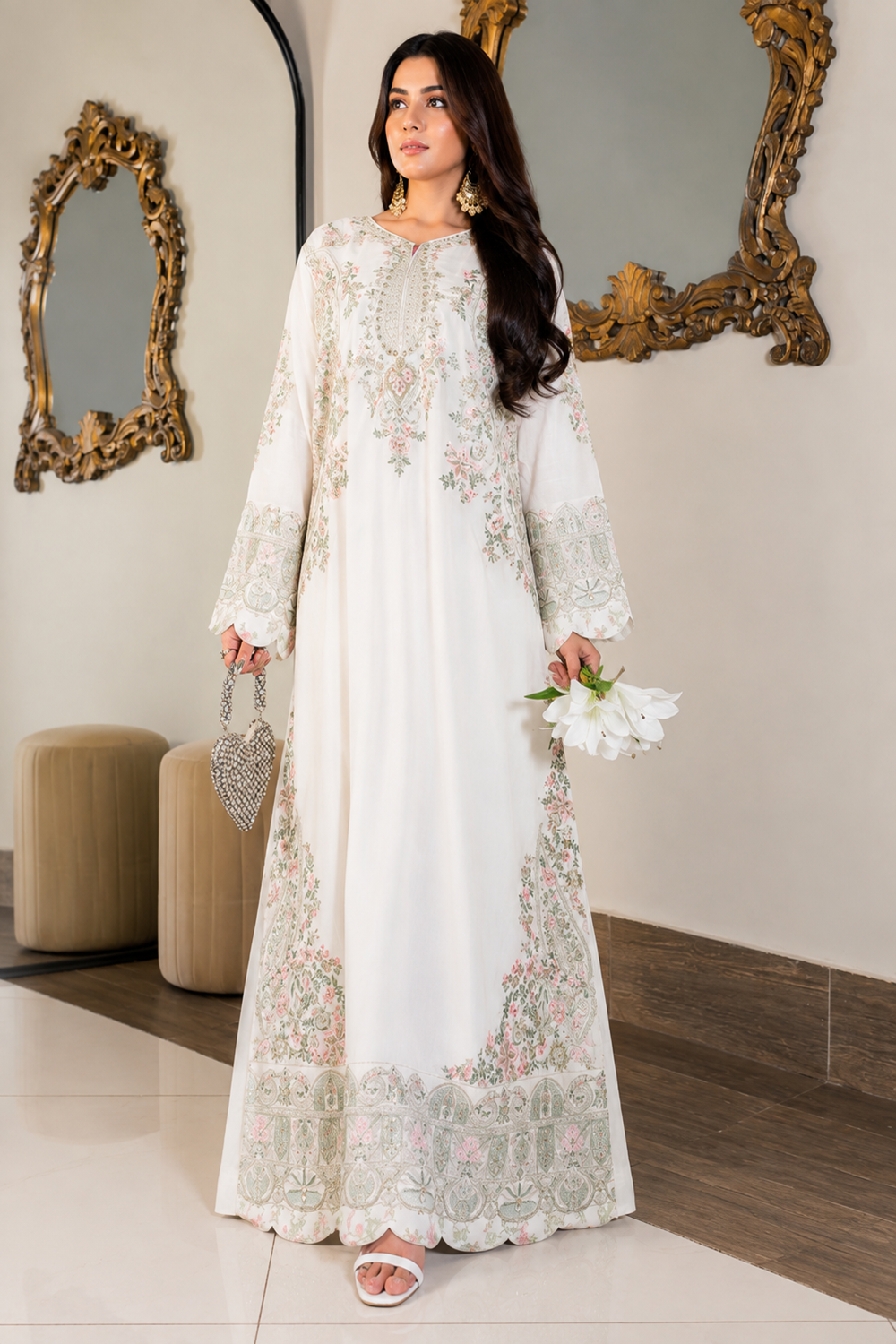 Luxury Floral Embroidered Kaftan – Pure Viscose Raw Silk | Ready to Wear - TC-1762