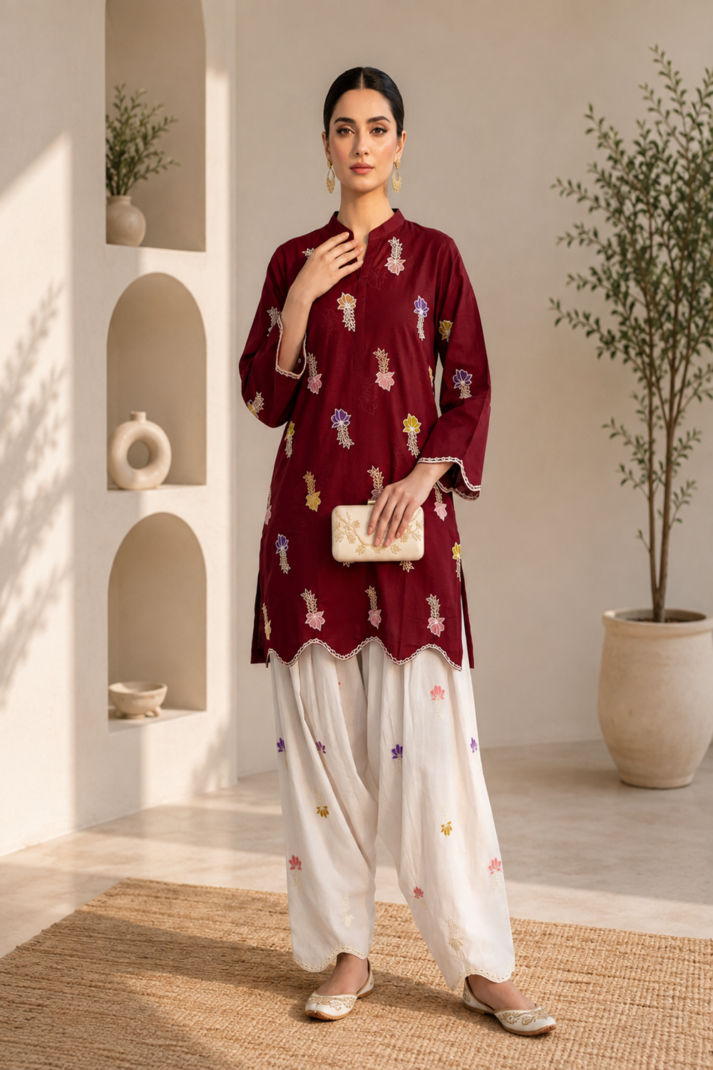 Premium Embroidered 2-Piece Cotton Suit with Farshi Shalwar - TC-1752
