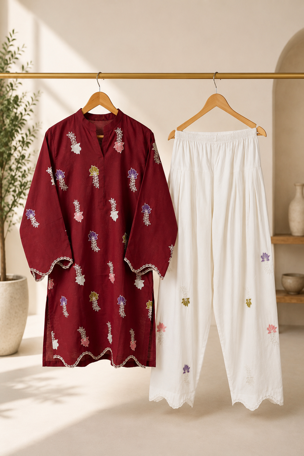 Premium Embroidered 2-Piece Cotton Suit with Farshi Shalwar - TC-1752