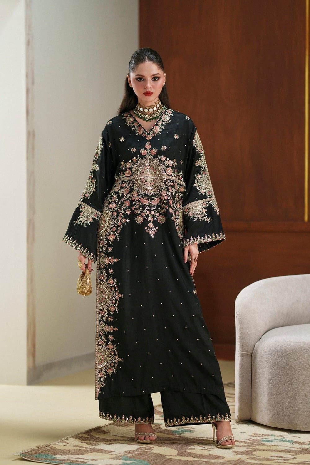 ETHNC Luxury Floral Embroidered Kaftan – Pure Viscose Raw Silk | Ready to Wear - TC-1803