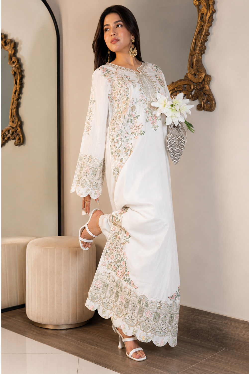 Luxury Floral Embroidered Kaftan – Pure Viscose Raw Silk | Ready to Wear - TC-1762