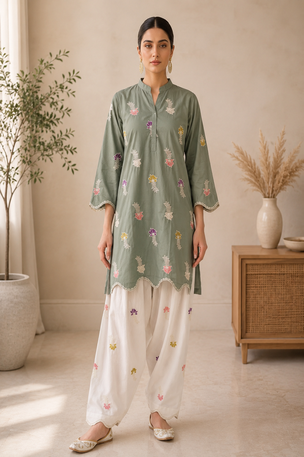 Premium Embroidered 2-Piece Cotton Suit with Farshi Shalwar - TC-1754