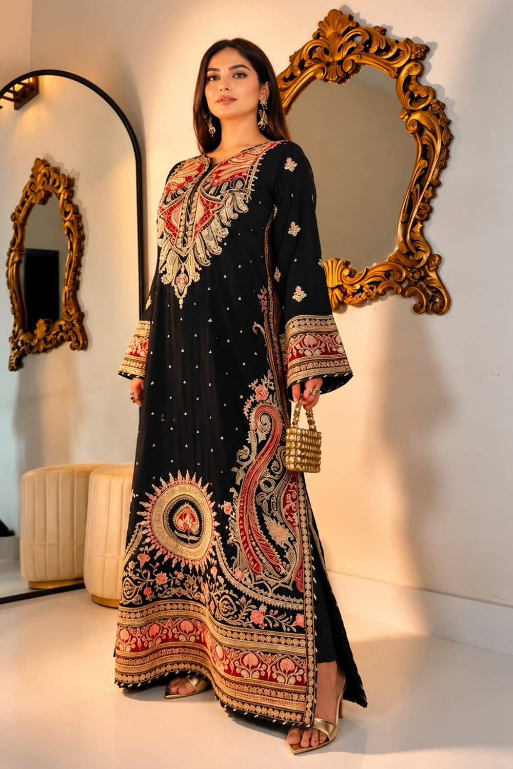 ETHNC Luxury Floral Embroidered Kaftan – Pure Viscose Raw Silk | Ready to Wear - TC-1778