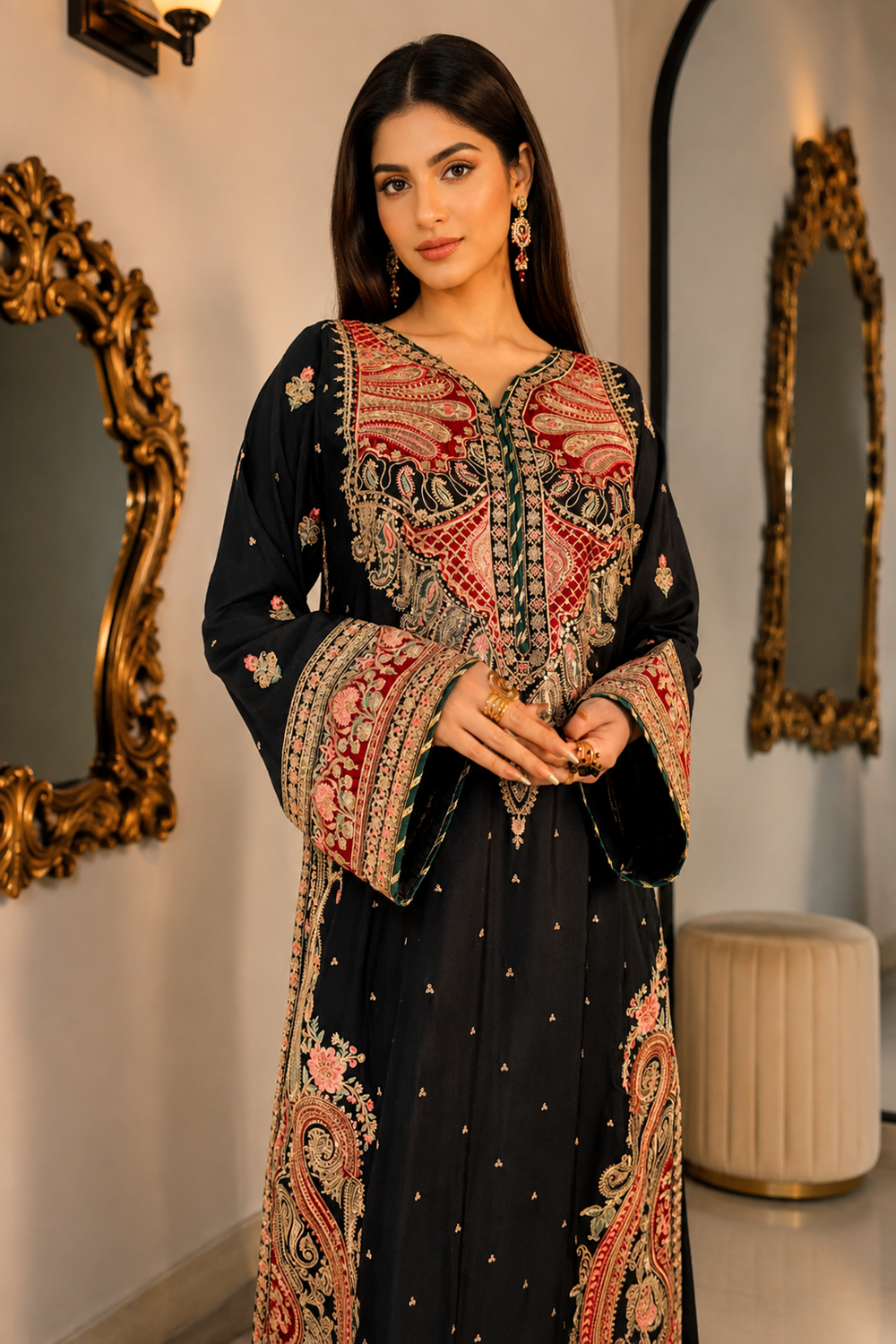 ETHNC Luxury Floral Embroidered Kaftan – Pure Viscose Raw Silk | Ready to Wear - TC-1778
