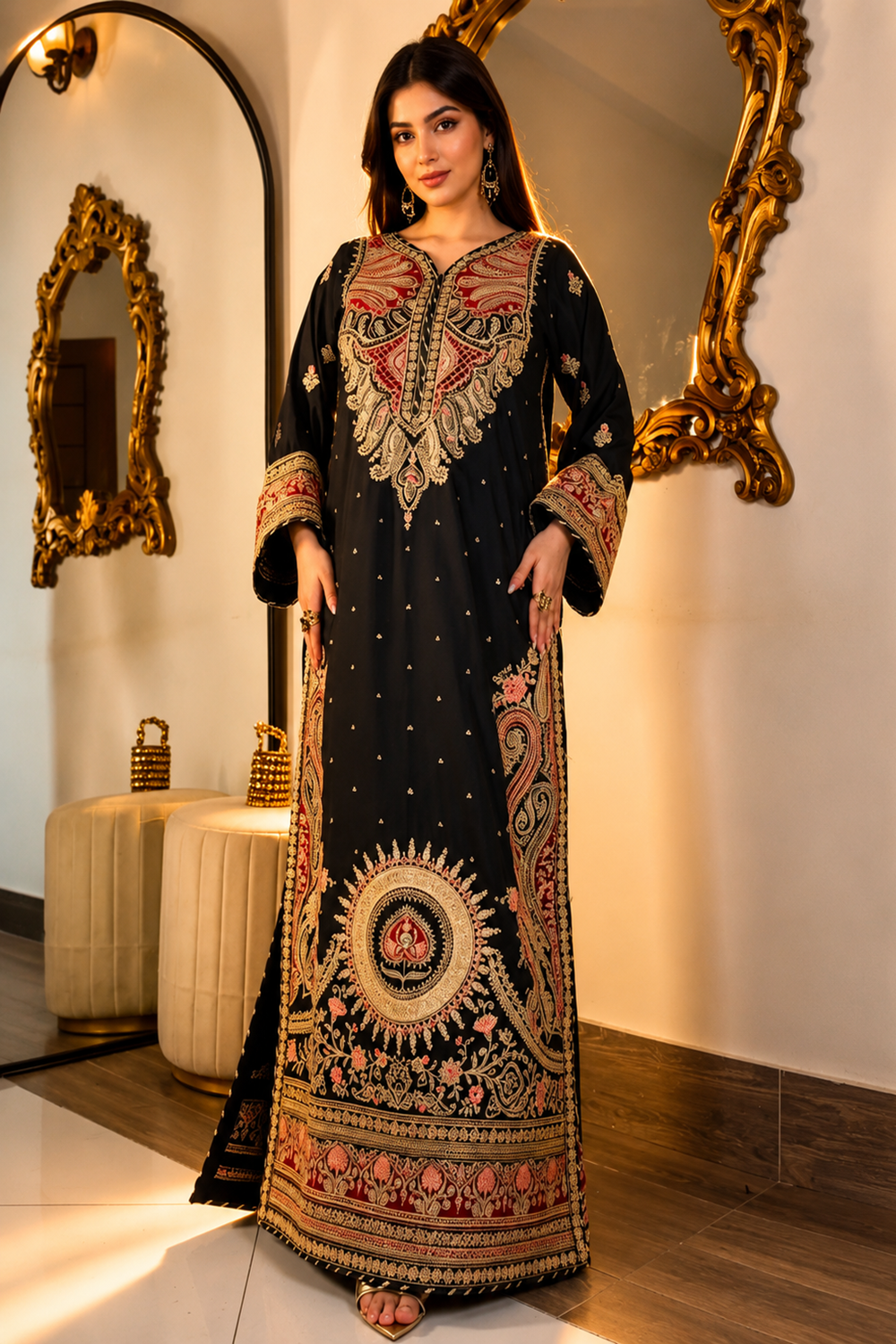 ETHNC Luxury Floral Embroidered Kaftan – Pure Viscose Raw Silk | Ready to Wear - TC-1778