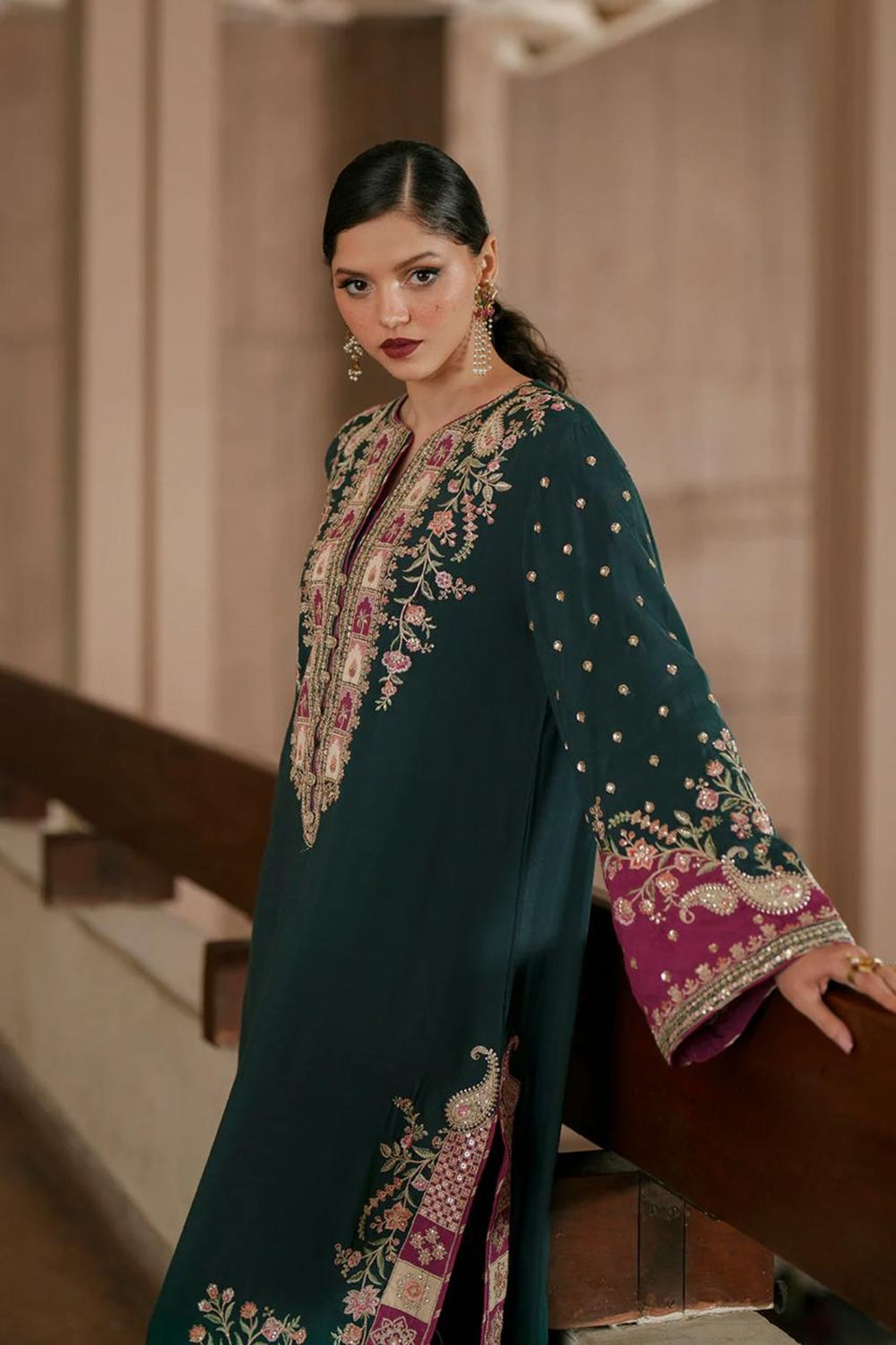 ETHNC Luxury Floral Embroidered Kaftan – Pure Viscose Raw Silk | Ready to Wear - TC-1802
