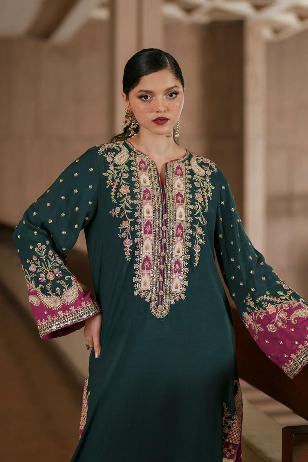 ETHNC Luxury Floral Embroidered Kaftan – Pure Viscose Raw Silk | Ready to Wear - TC-1802