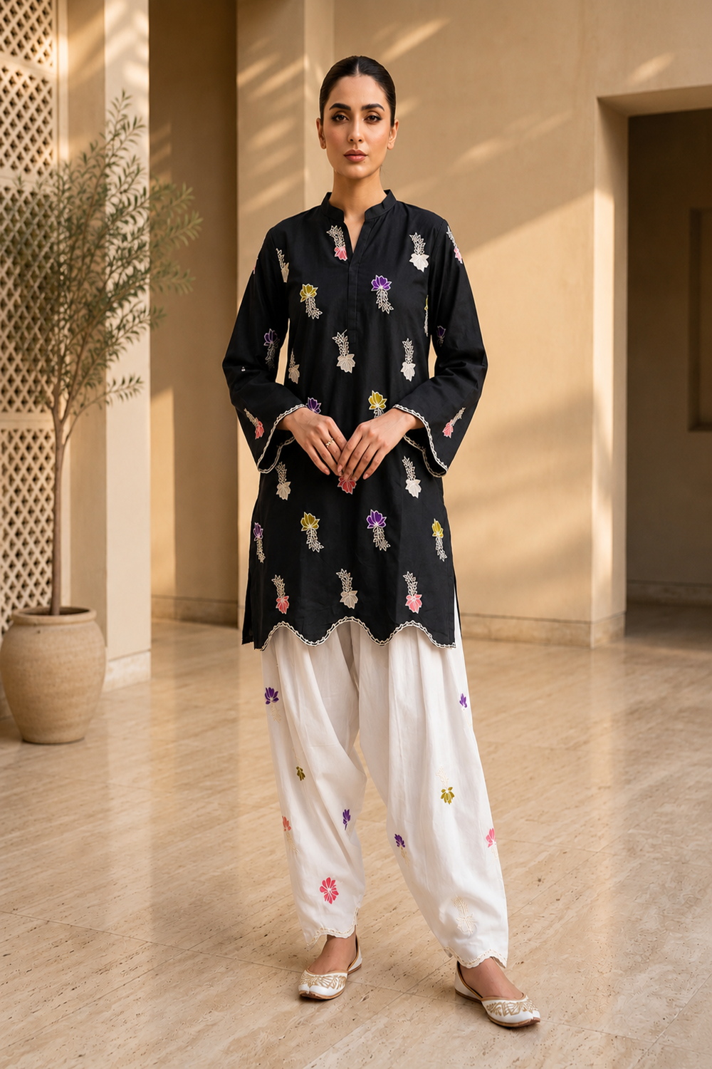 Premium Embroidered 2-Piece Cotton Suit with Farshi Shalwar - TC-1755