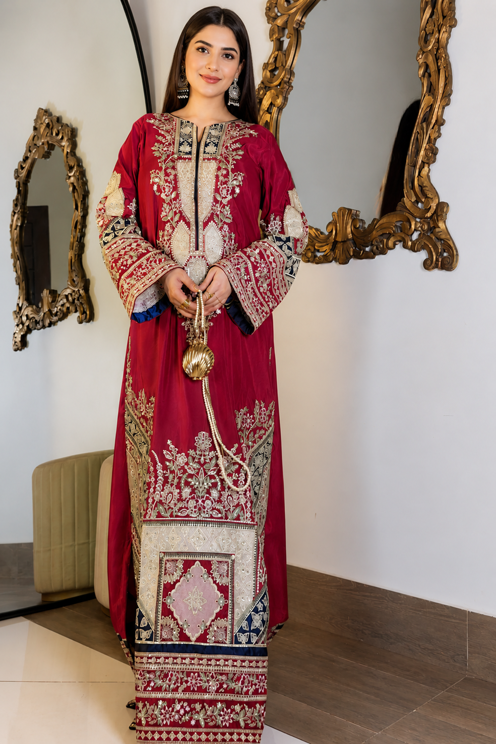 ETHNC Luxury Floral Embroidered Kaftan – Pure Viscose Raw Silk | Ready to Wear - TC-1763