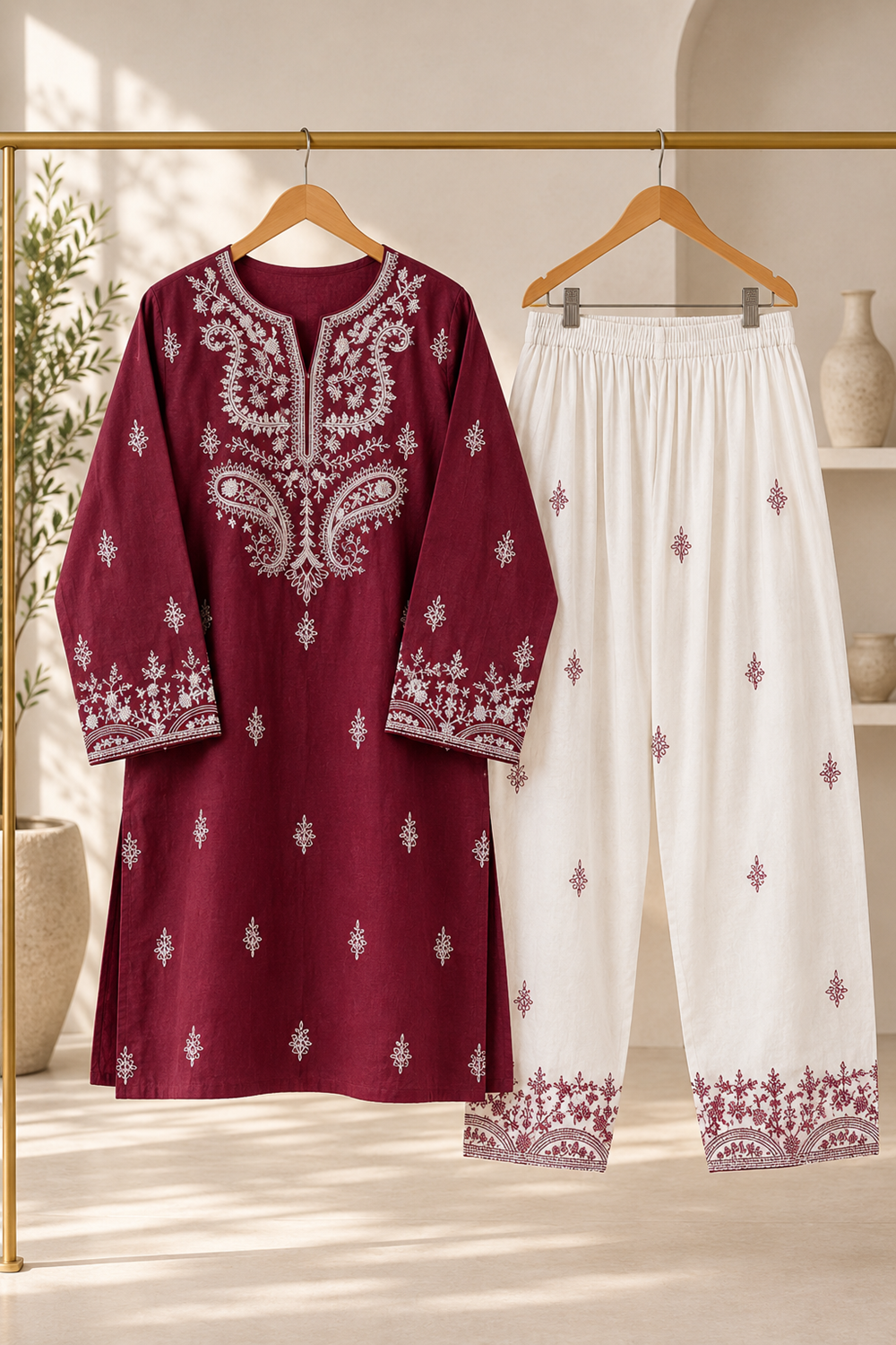 Premium Embroidered 2-Piece Cotton Suit with Farshi Shalwar - TC-1770