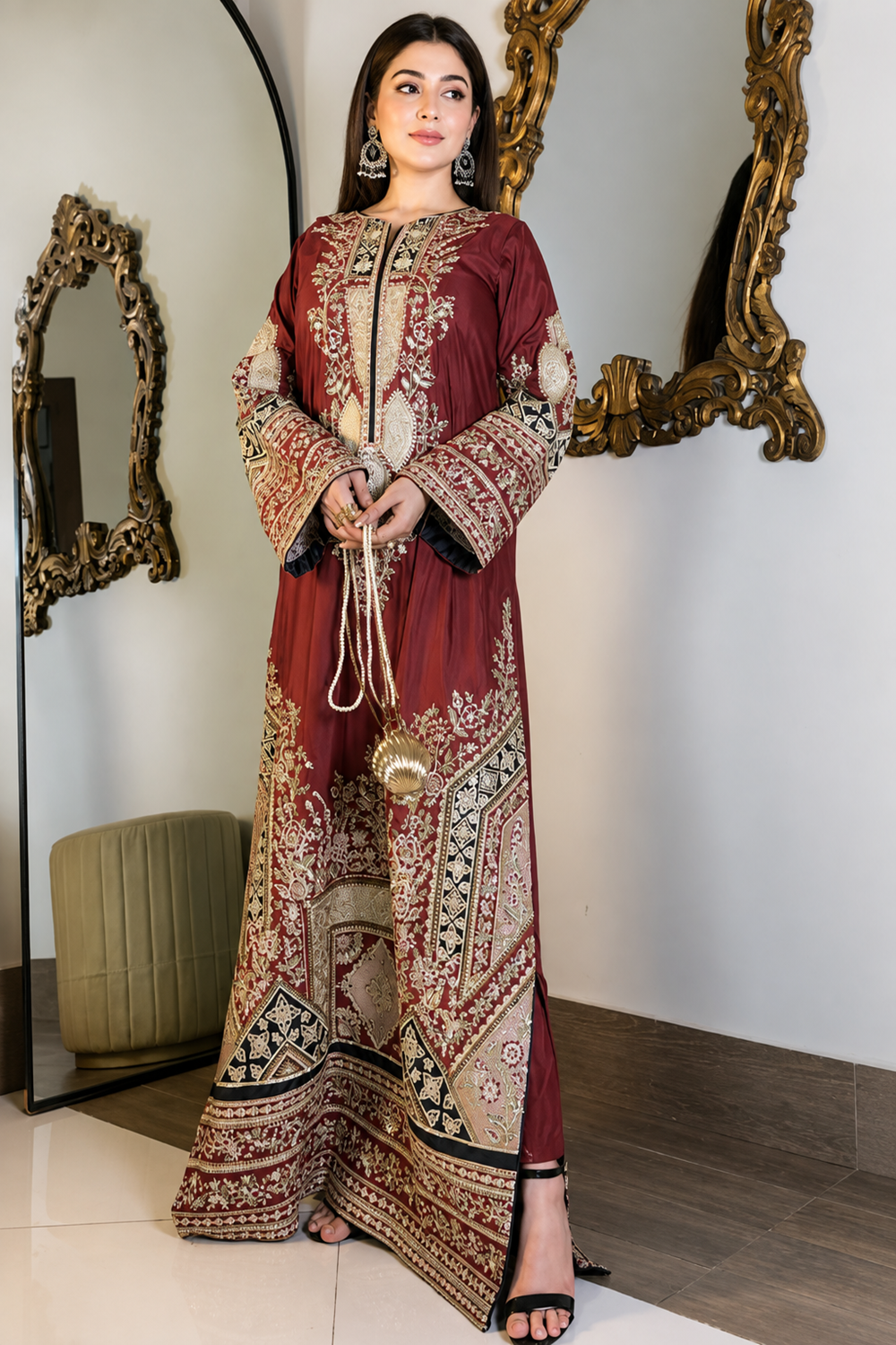 ETHNC Luxury Floral Embroidered Kaftan – Pure Viscose Raw Silk | Ready to Wear - TC-1763