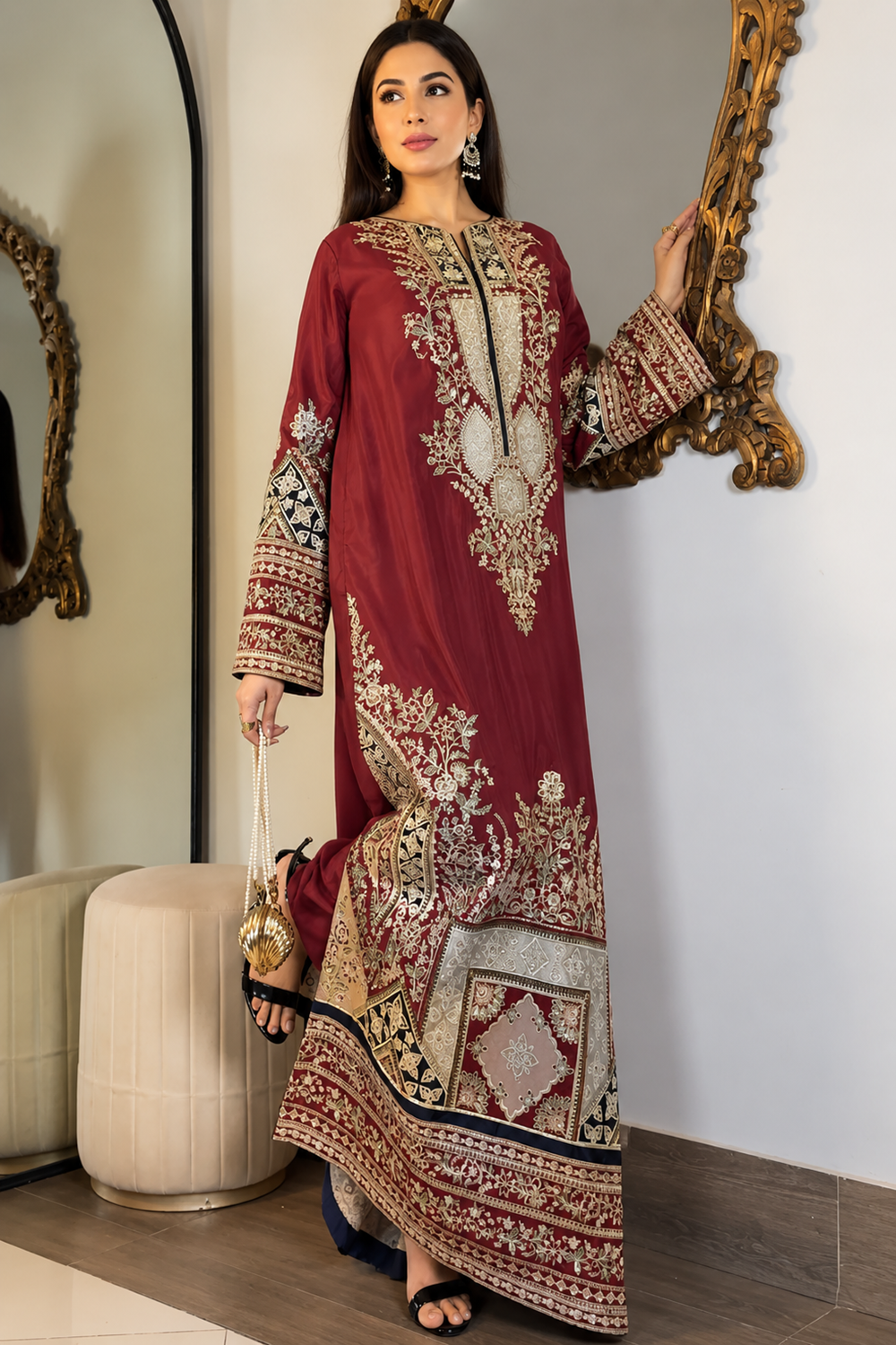 ETHNC Luxury Floral Embroidered Kaftan – Pure Viscose Raw Silk | Ready to Wear - TC-1763