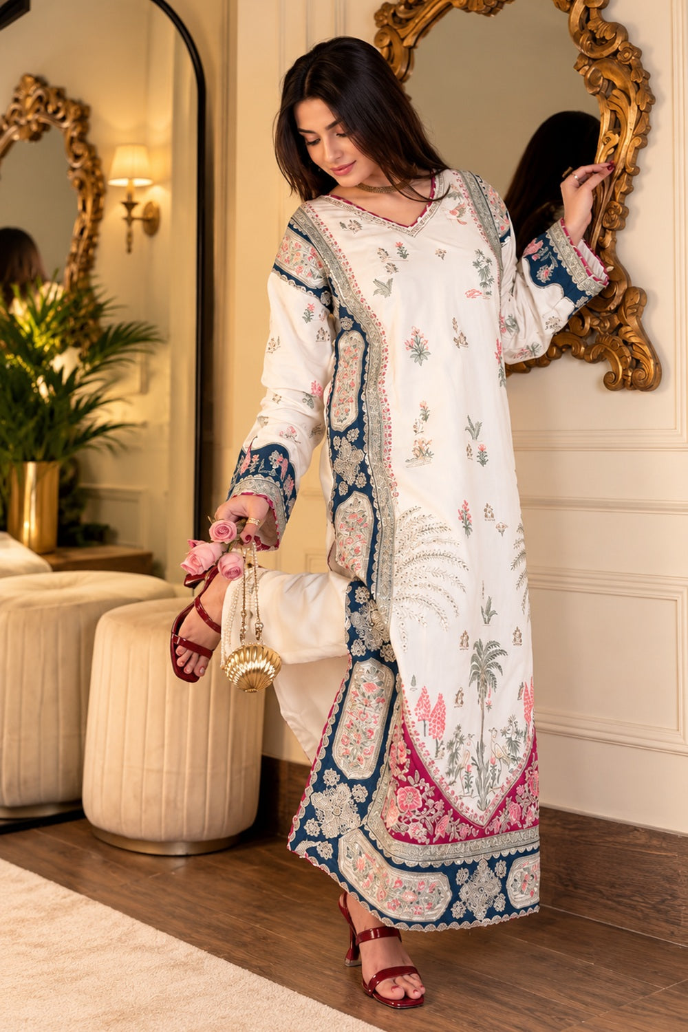 ETHNC Luxury Floral Embroidered Kaftan – Pure Viscose Raw Silk | Ready to Wear - TC-1814