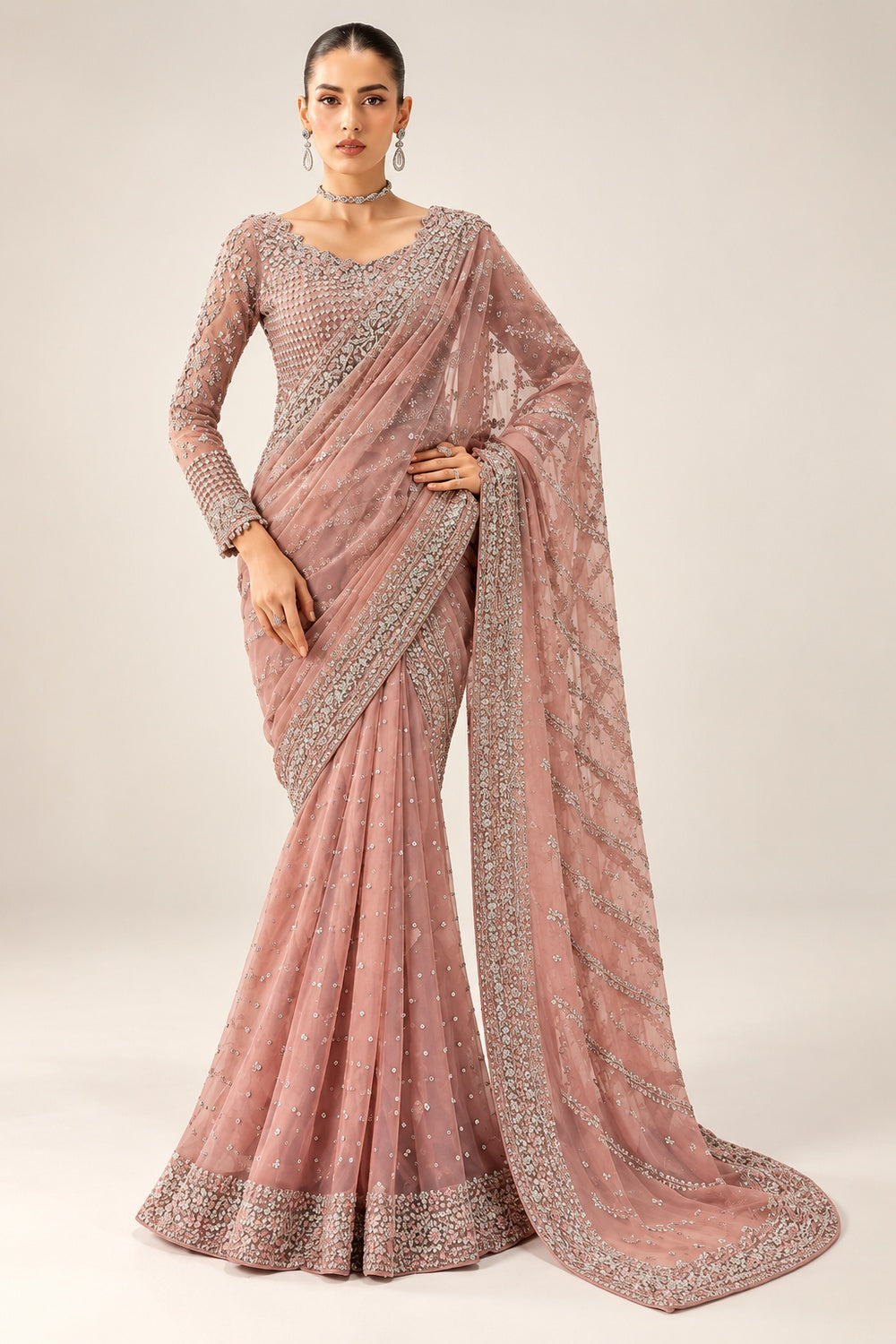 Maria.B. Heavily Embroidery Formal Chiffon Saree - TC-1818