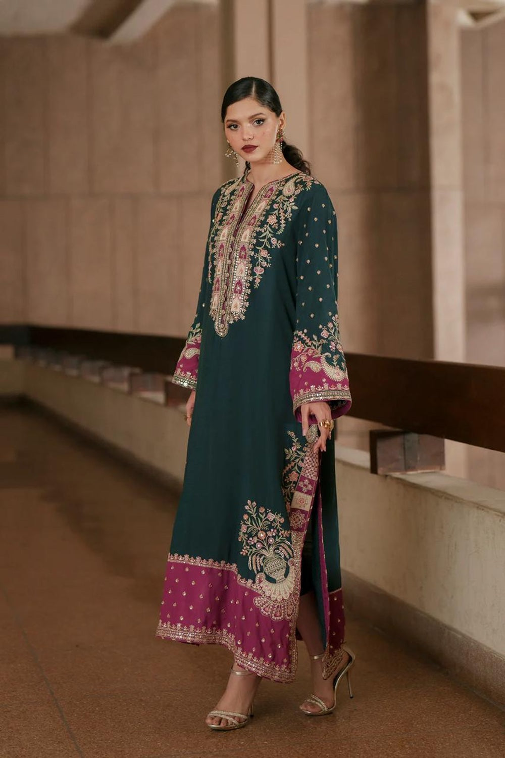 ETHNC Luxury Floral Embroidered Kaftan – Pure Viscose Raw Silk | Ready to Wear - TC-1802