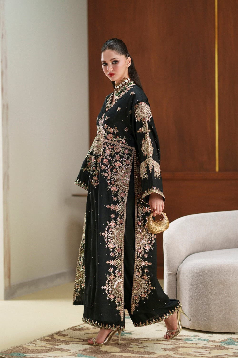 ETHNC Luxury Floral Embroidered Kaftan – Pure Viscose Raw Silk | Ready to Wear - TC-1803