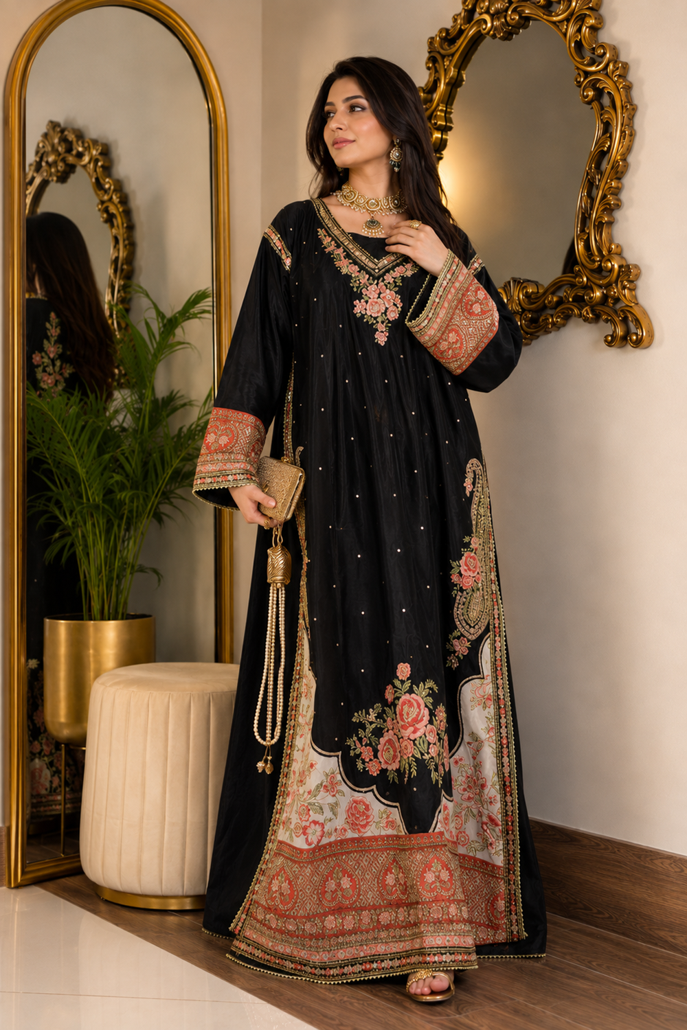 ETHNC Luxury Floral Embroidered Kaftan – Pure Viscose Raw Silk | Ready to Wear - TC-1788