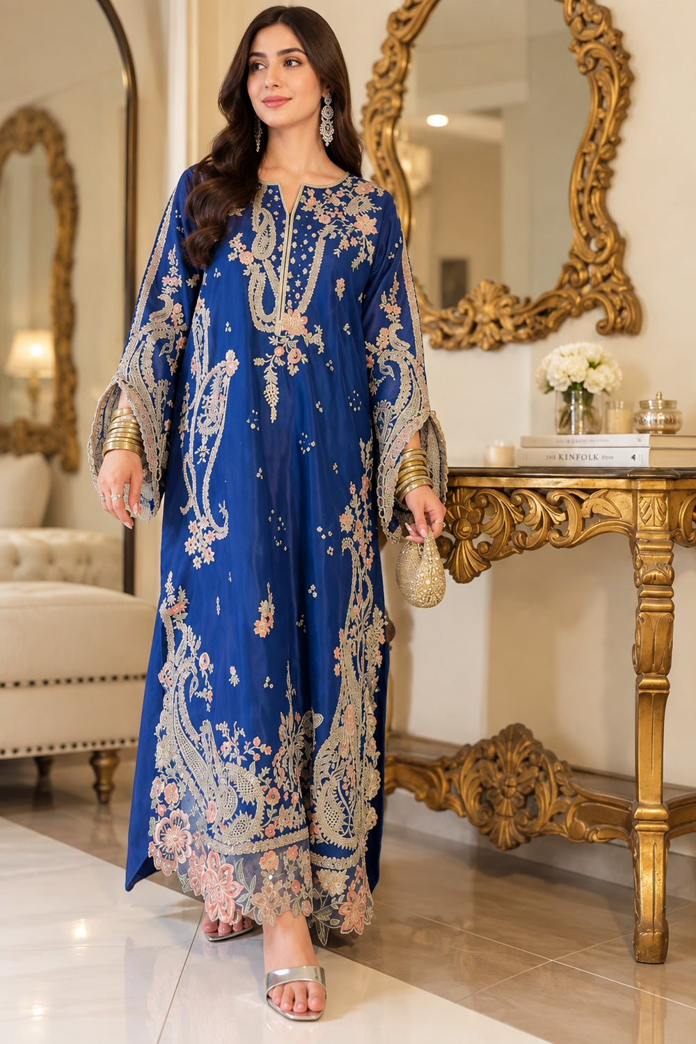 ETHNC Luxury Floral Embroidered Kaftan – Pure Viscose Raw Silk | Ready to Wear - TC-1801