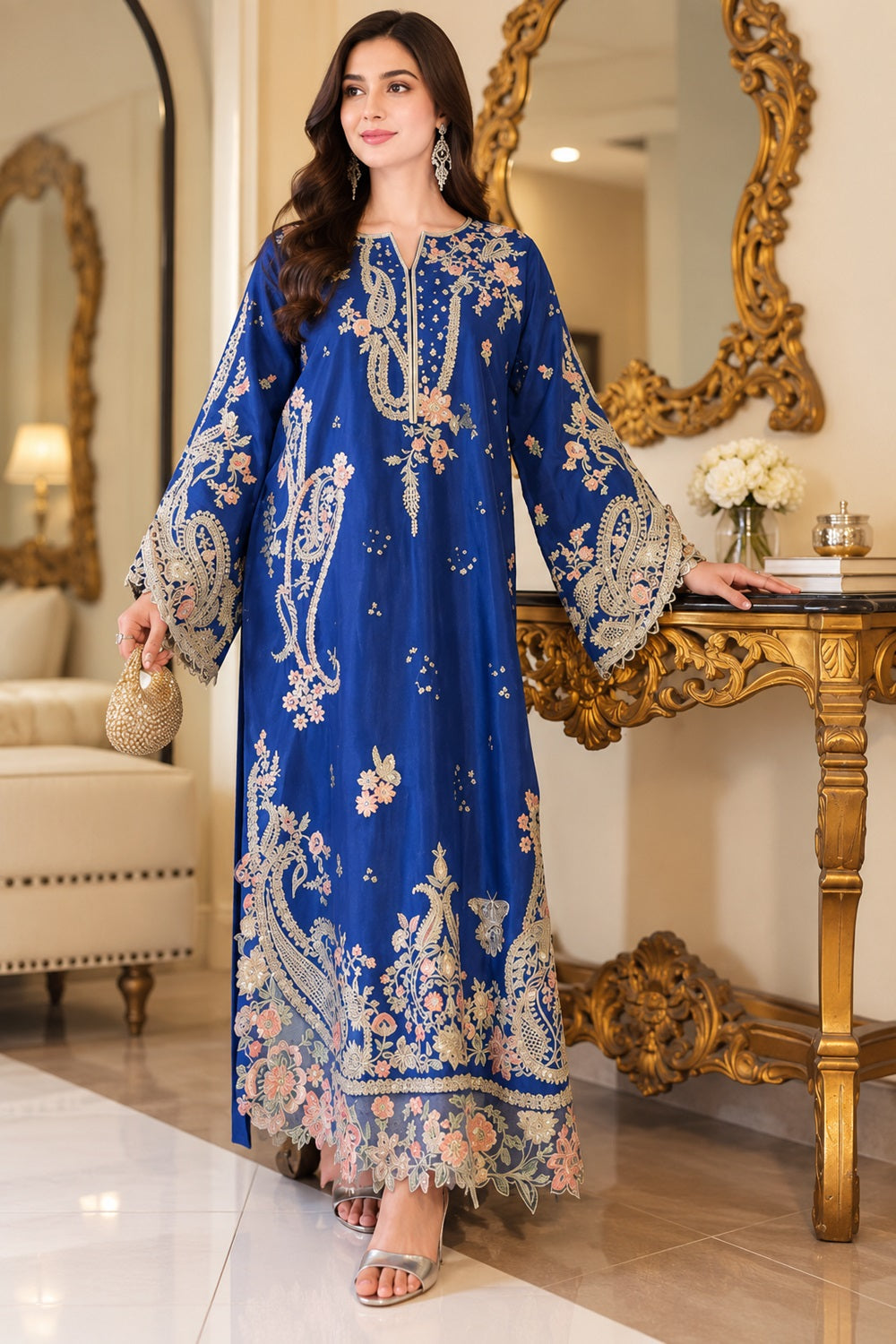 ETHNC Luxury Floral Embroidered Kaftan – Pure Viscose Raw Silk | Ready to Wear - TC-1801
