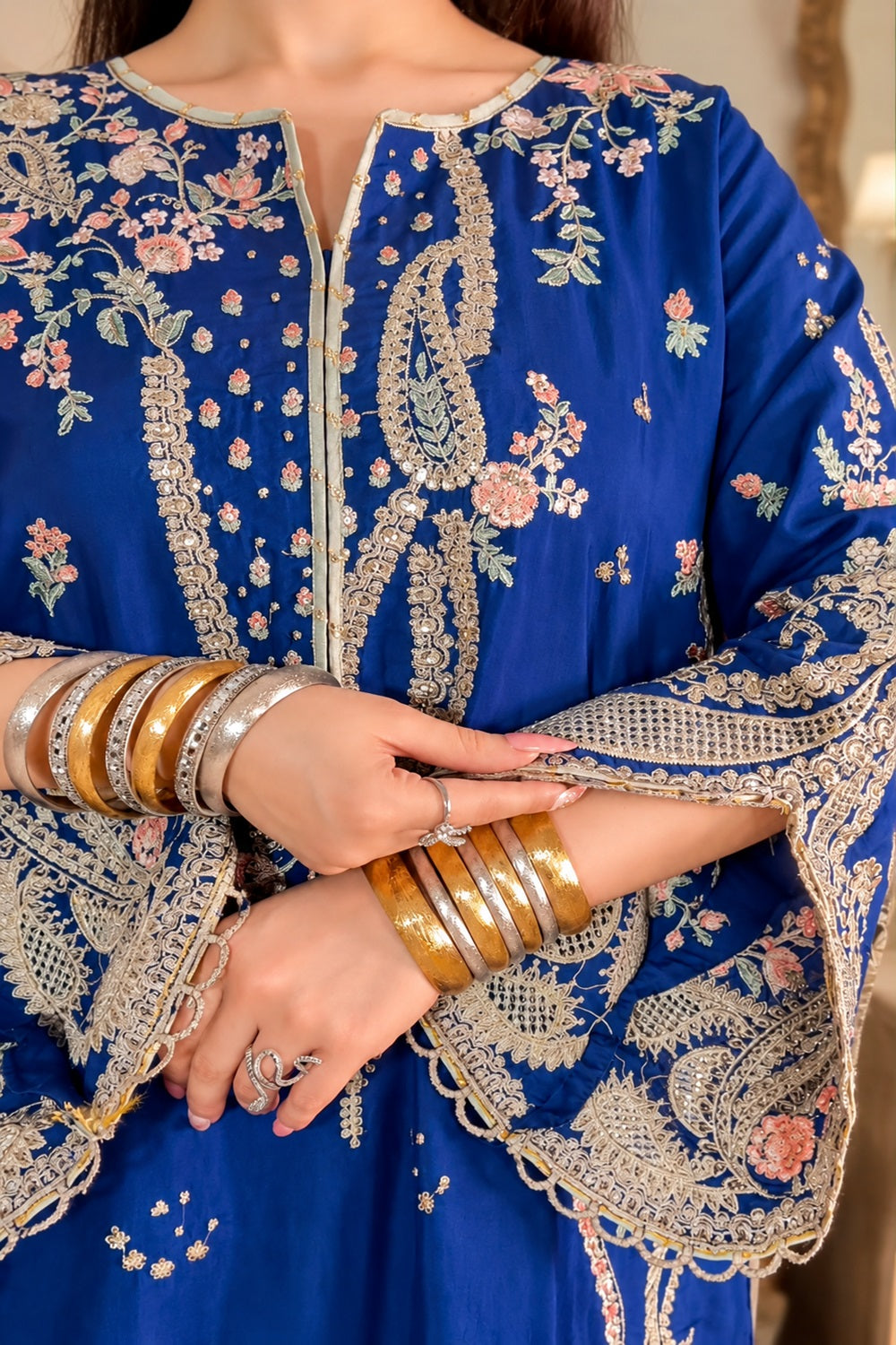 ETHNC Luxury Floral Embroidered Kaftan – Pure Viscose Raw Silk | Ready to Wear - TC-1801