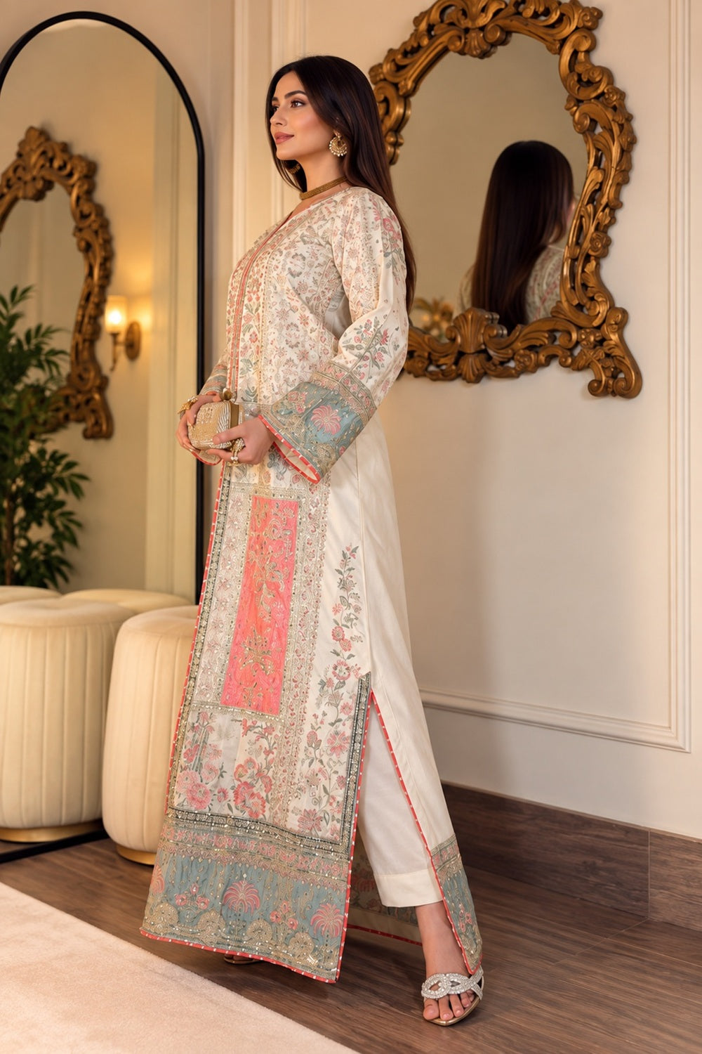 ETHNC Luxury Floral Embroidered Kaftan – Pure Viscose Raw Silk | Ready to Wear - TC-1808