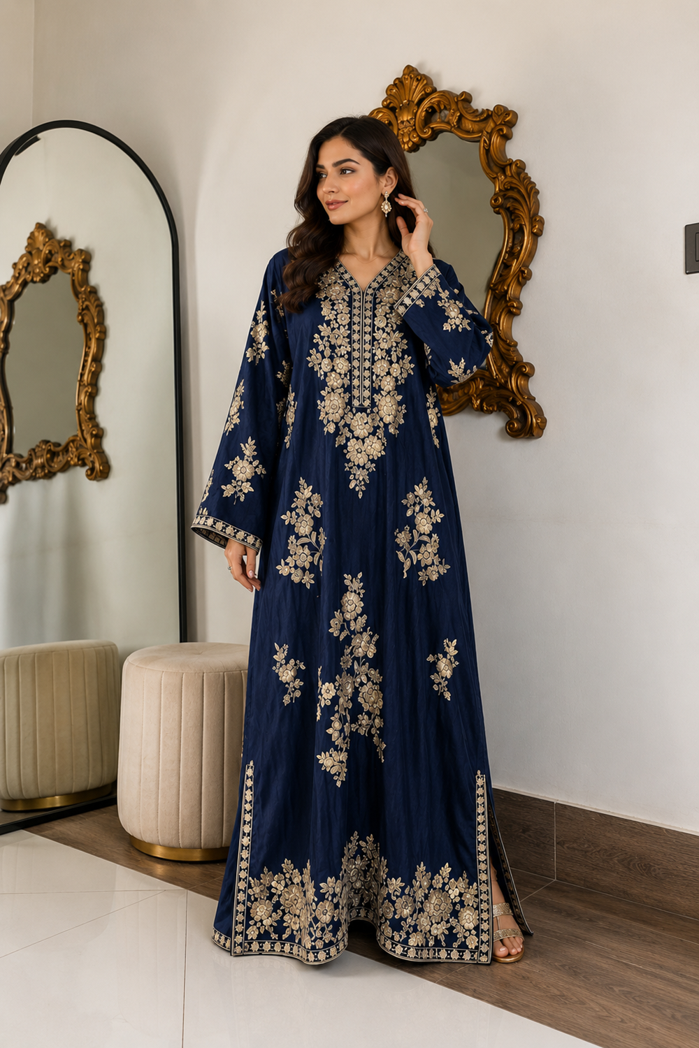 ETHNC Luxury Floral Hand Embellished Kaftan – Pure Viscose Raw Silk | Ready to Wear - TC-1783