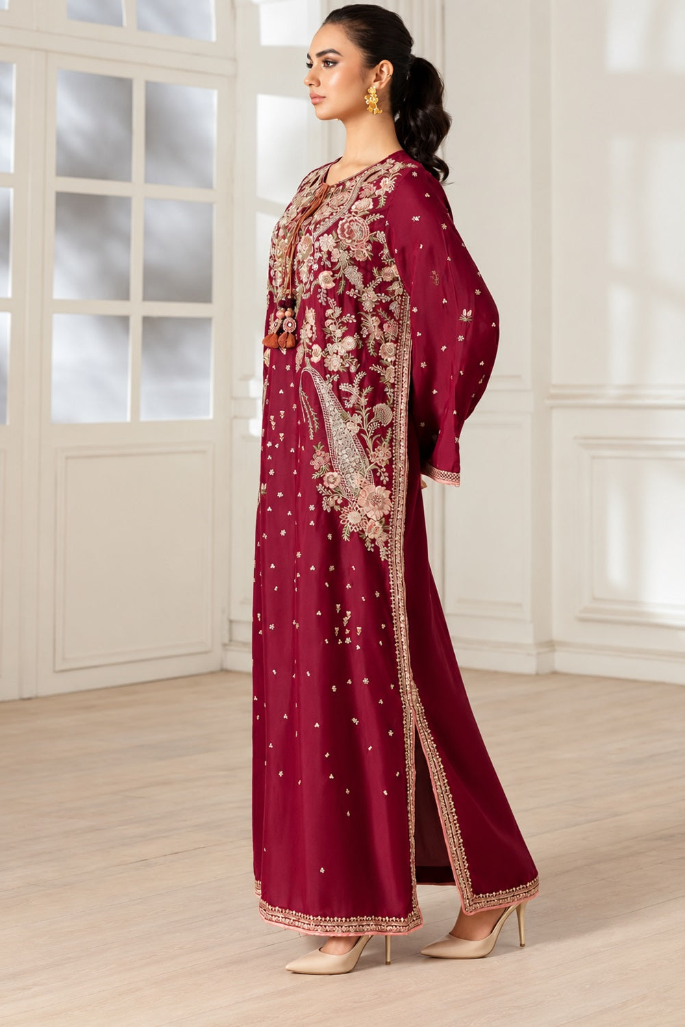 ETHNC Luxury Floral Embroidered Kaftan – Pure Viscose Raw Silk | Ready to Wear - TC-1796