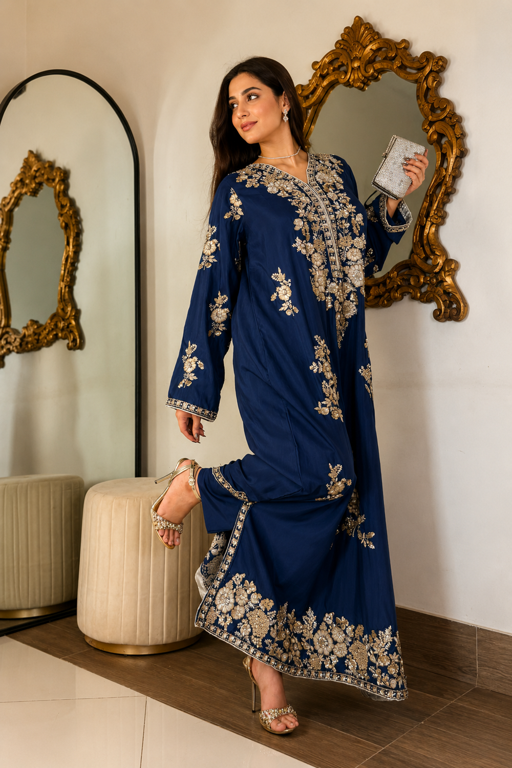 ETHNC Luxury Floral Hand Embellished Kaftan – Pure Viscose Raw Silk | Ready to Wear - TC-1783
