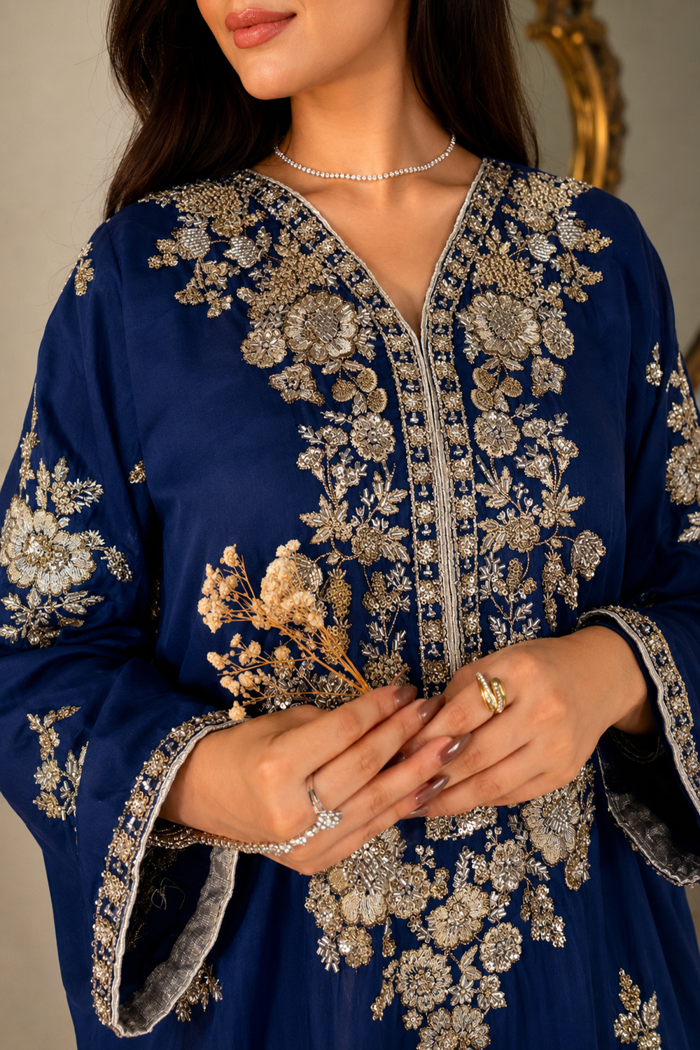 ETHNC Luxury Floral Hand Embellished Kaftan – Pure Viscose Raw Silk | Ready to Wear - TC-1783