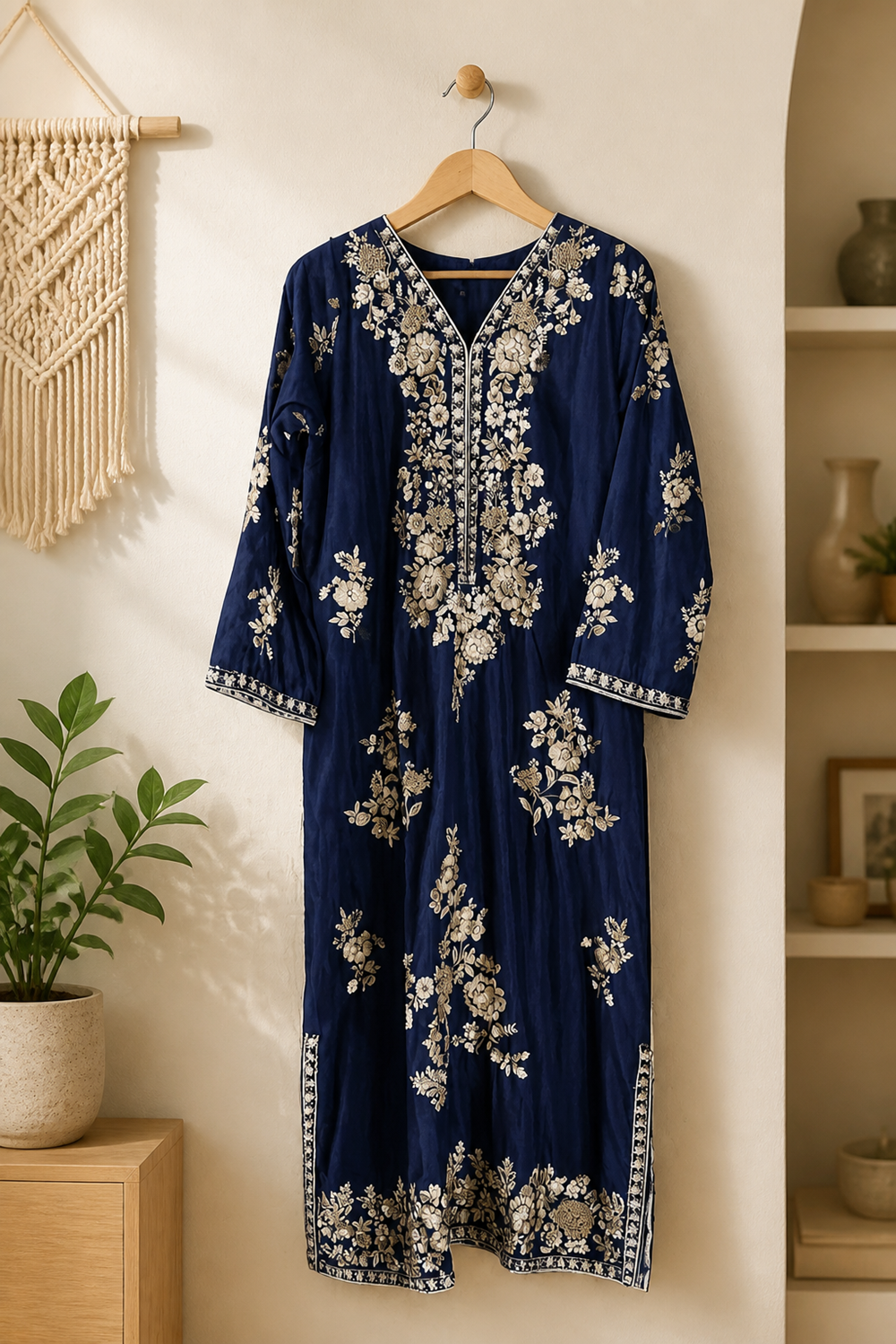 ETHNC Luxury Floral Hand Embellished Kaftan – Pure Viscose Raw Silk | Ready to Wear - TC-1783