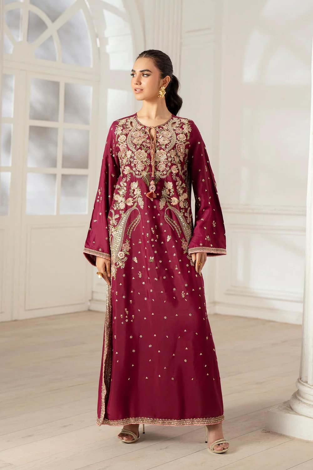 ETHNC Luxury Floral Embroidered Kaftan – Pure Viscose Raw Silk | Ready to Wear - TC-1796