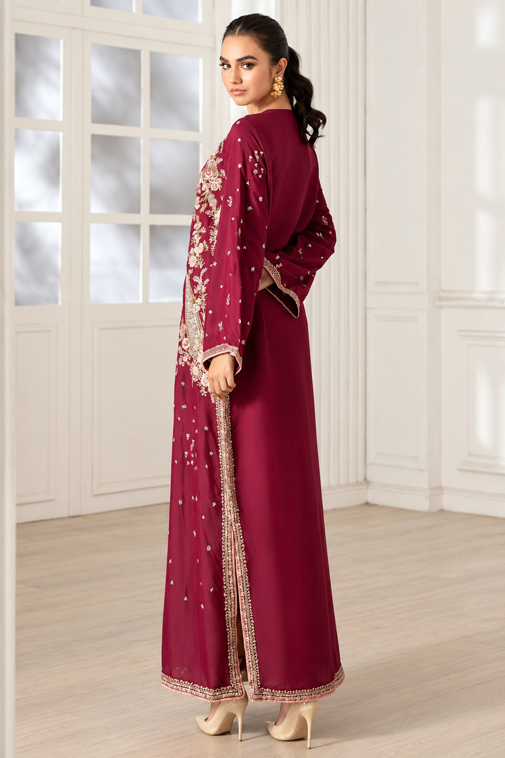 ETHNC Luxury Floral Embroidered Kaftan – Pure Viscose Raw Silk | Ready to Wear - TC-1796