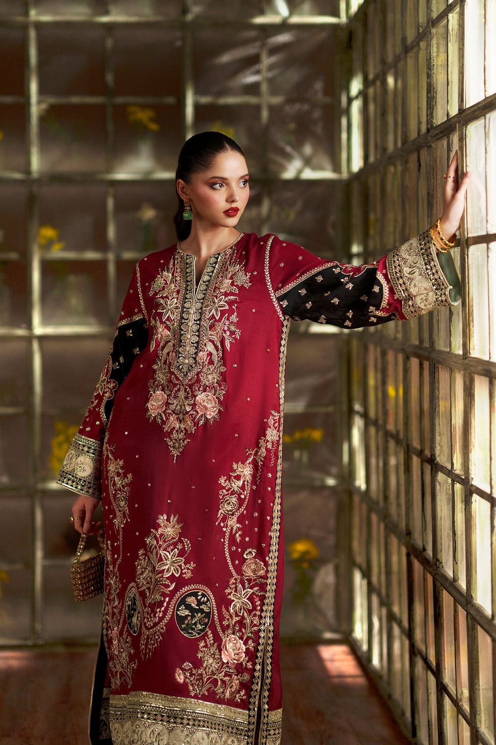 ETHNC Luxury Floral Embroidered Kaftan – Pure Viscose Raw Silk | Ready to Wear - TC-1795