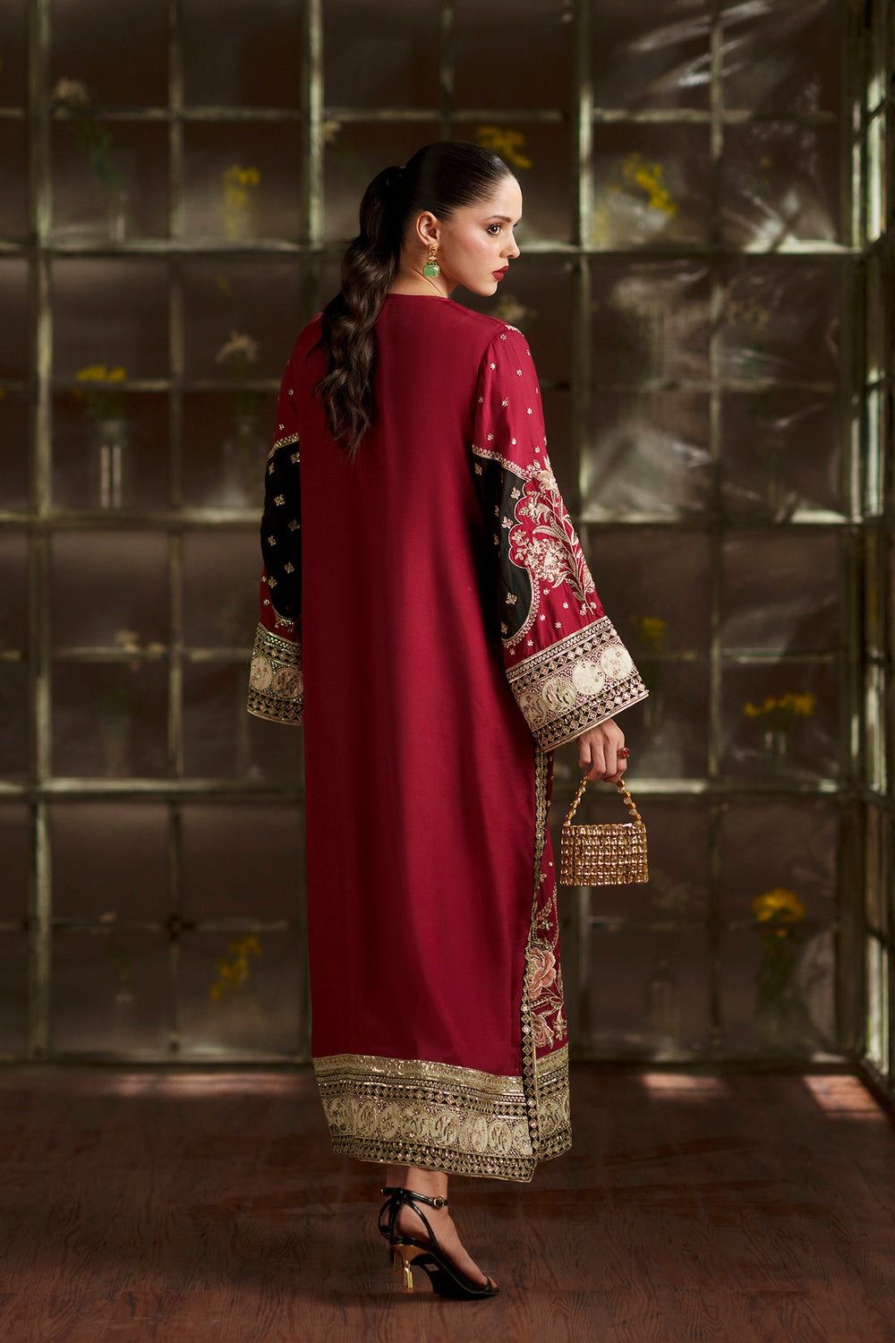 ETHNC Luxury Floral Embroidered Kaftan – Pure Viscose Raw Silk | Ready to Wear - TC-1795