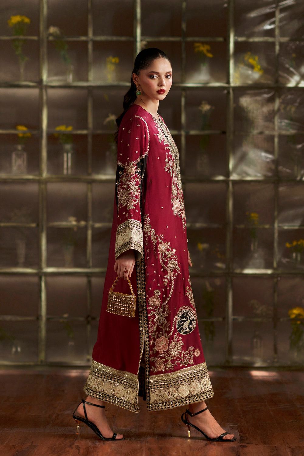 ETHNC Luxury Floral Embroidered Kaftan – Pure Viscose Raw Silk | Ready to Wear - TC-1795