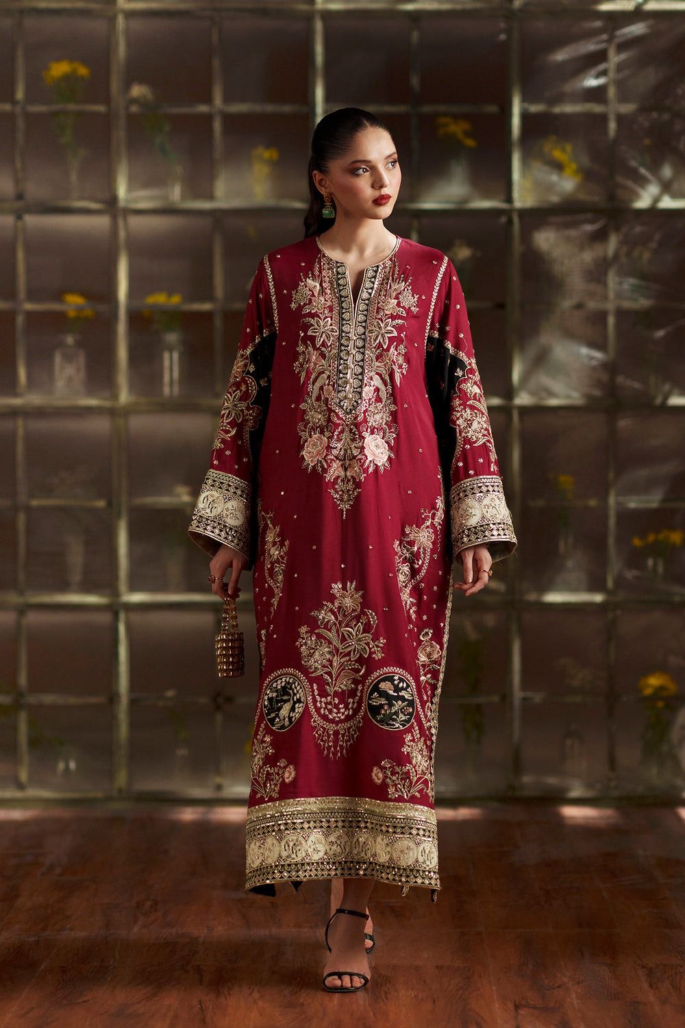 ETHNC Luxury Floral Embroidered Kaftan – Pure Viscose Raw Silk | Ready to Wear - TC-1795