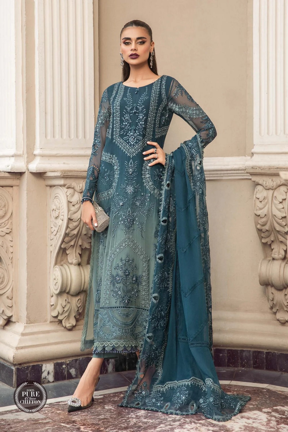 Pure Silk Chiffon by Maria B. - MPC-23-102 Teal Blue - TC-644