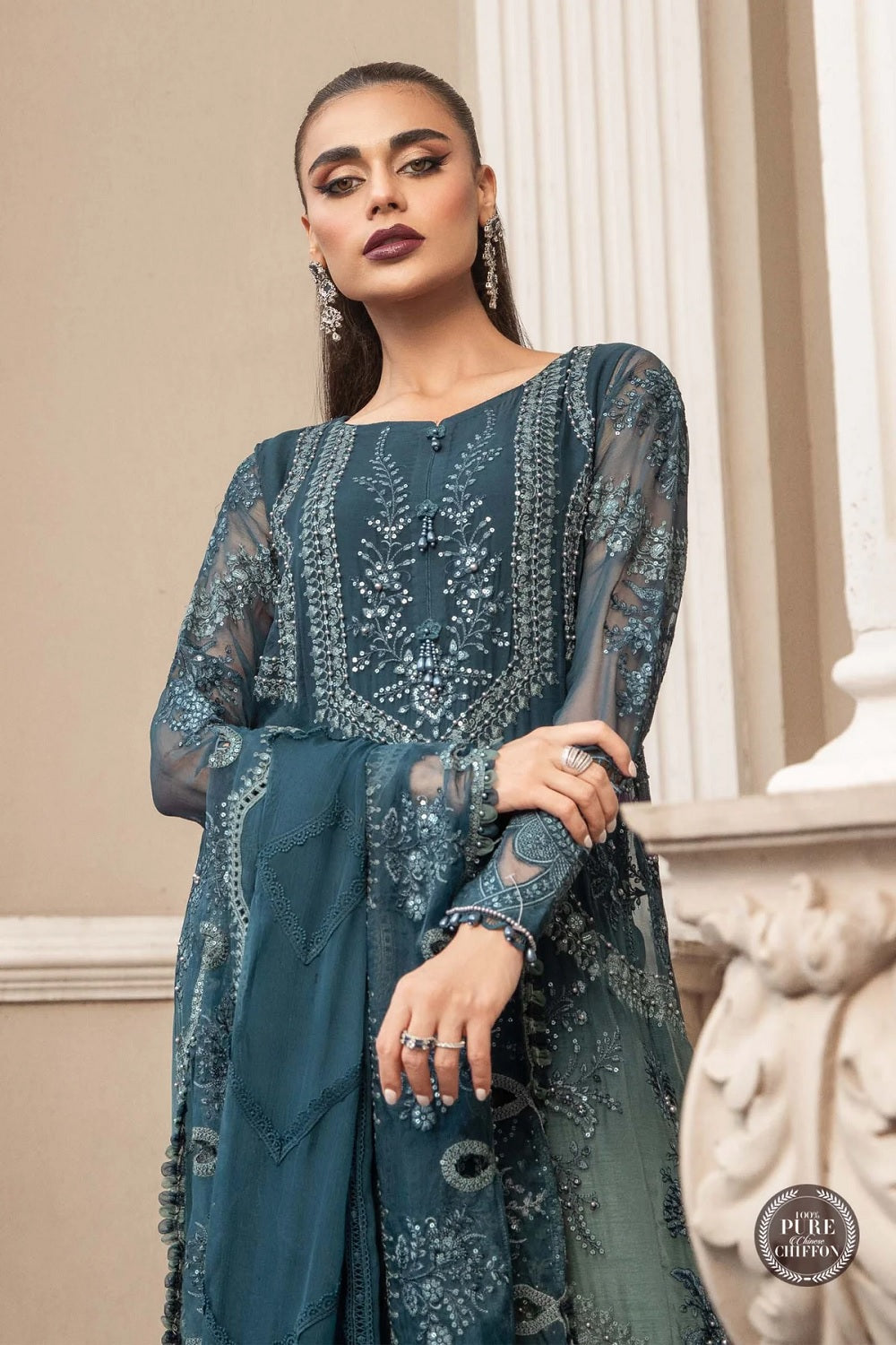 Pure Silk Chiffon by Maria B. - MPC-23-102 Teal Blue - TC-644