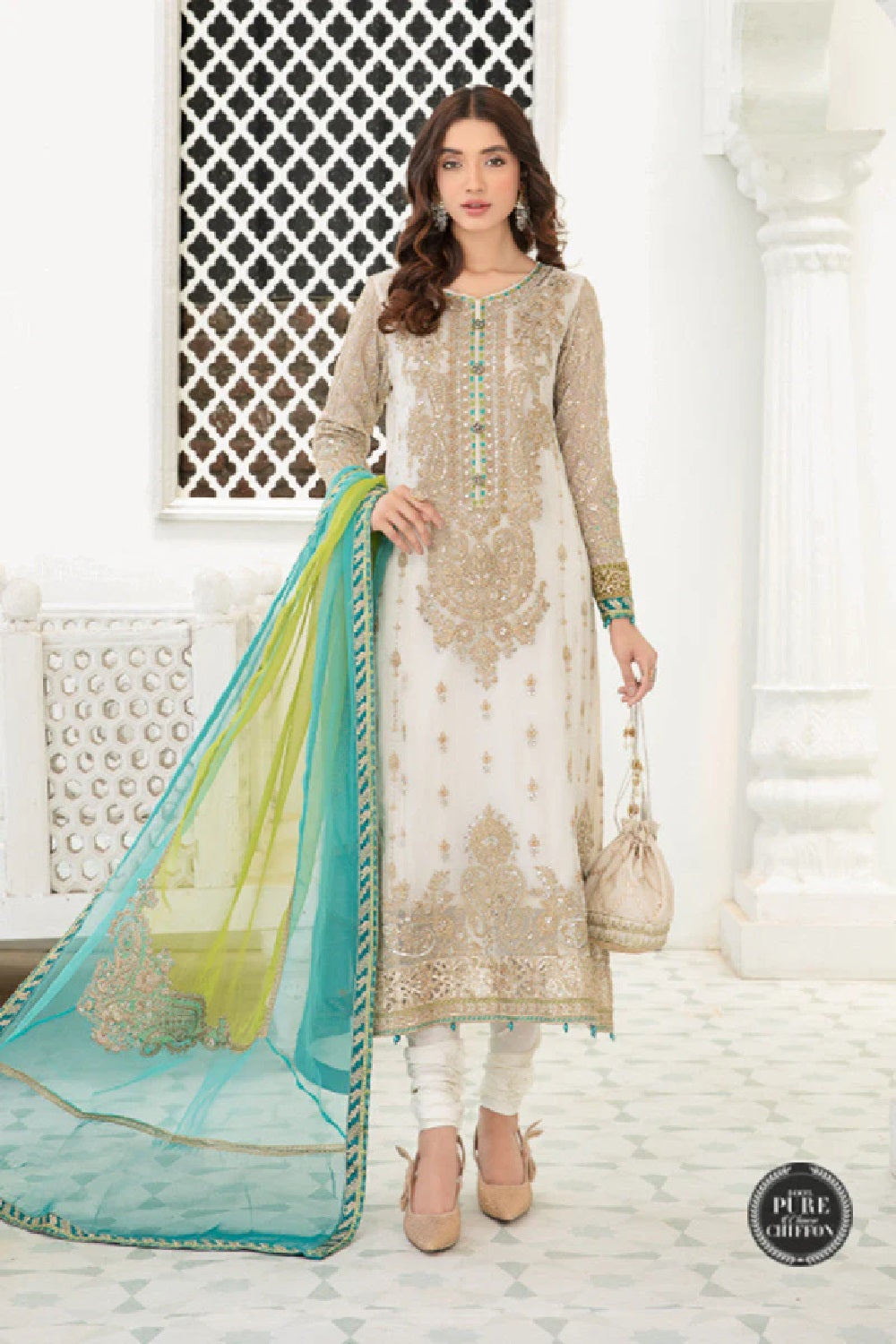 MARIA.B. Chiffon Wedding MPC-21-107- White and Ferozi - Design # 7 - TC-457